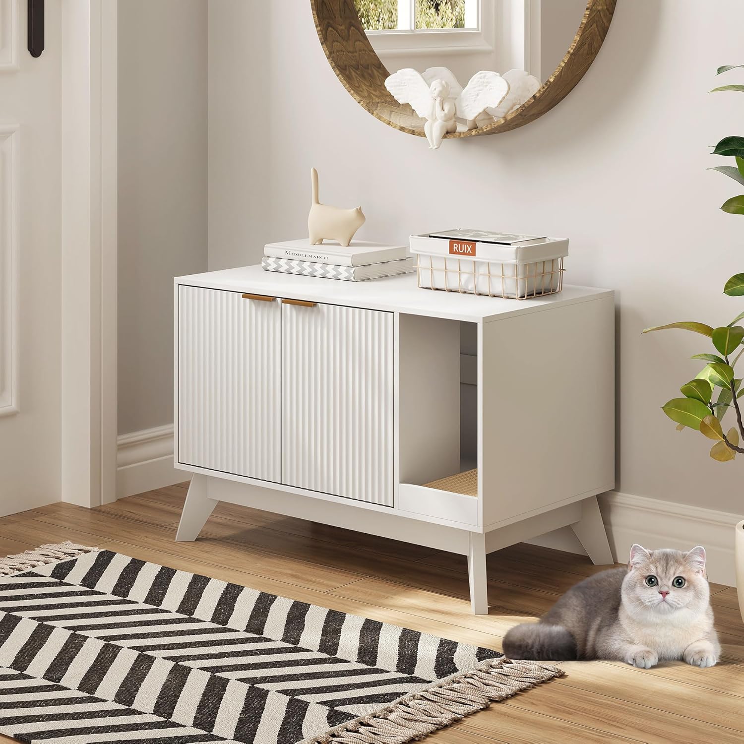 Cat Litter Box Enclosure Hidden Litter Box Furniture with Scratch Pad Cat House Wooden Cat Washroom Cabinet 2-in-1 for Living Room,Hallway,White