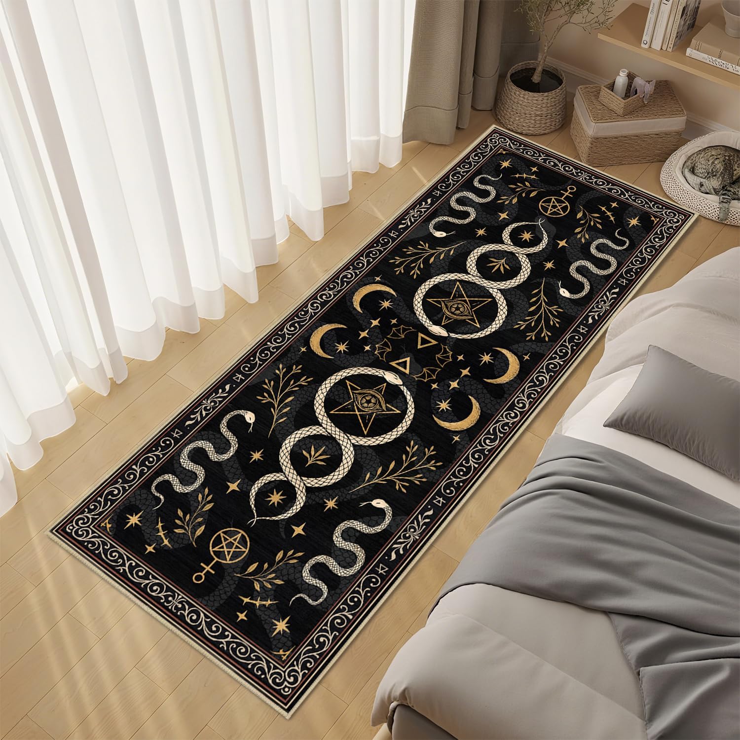 Gothic Snake 2x6 Runner Rug for Hallway Kitchen Bedroom, Dark Academia Runner Rugs Machine Washable Non-Slip Printed Low-Pile Goth Floor Carpet Celestial Witchy Mat for Living Room Bathroom Laundry