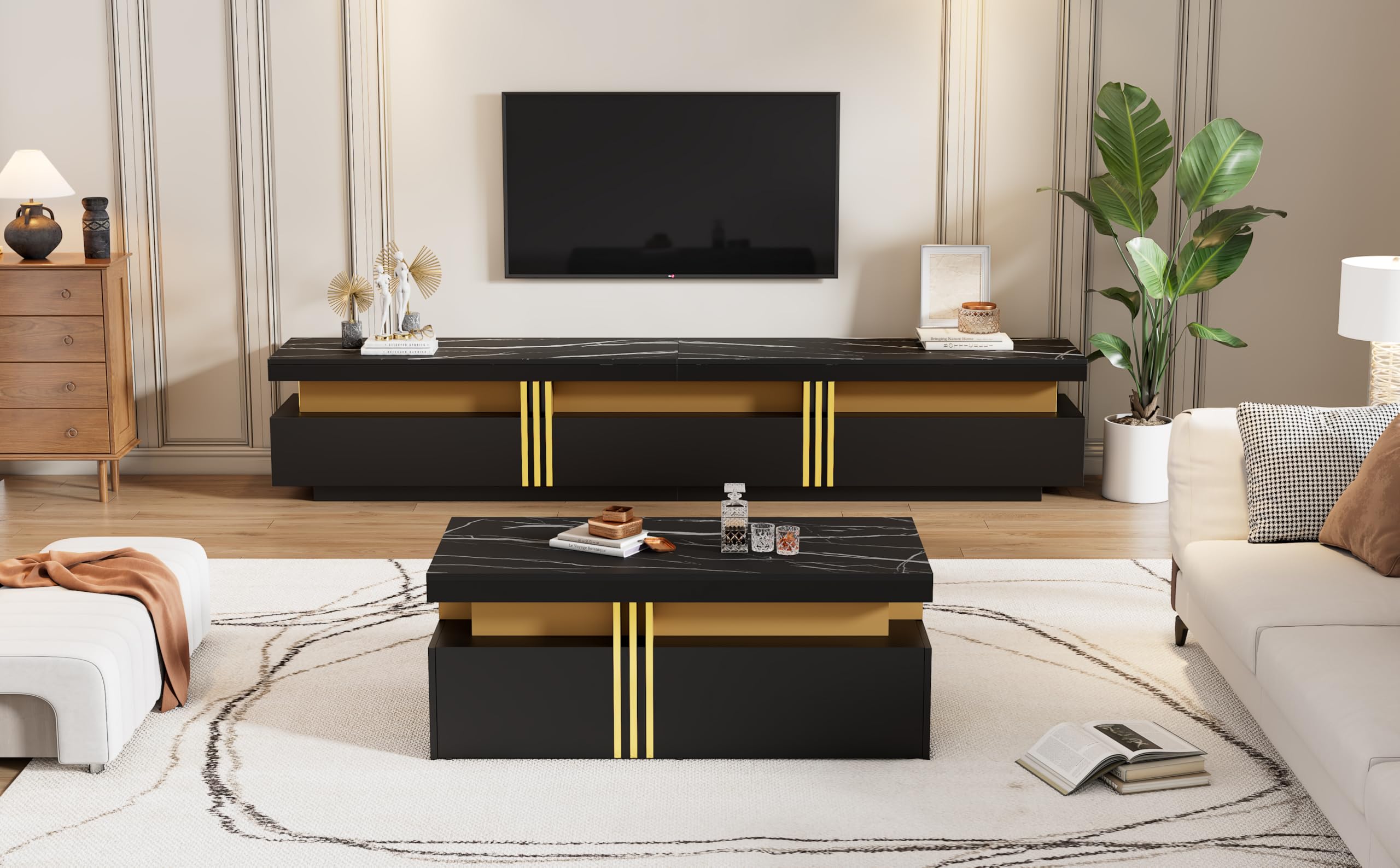 BTM Schwarze TV-Wandkombination, Wohnzimmer-Wandkombination, Couchtisch + TV-Schrank, multifunktionale Schrankkombination