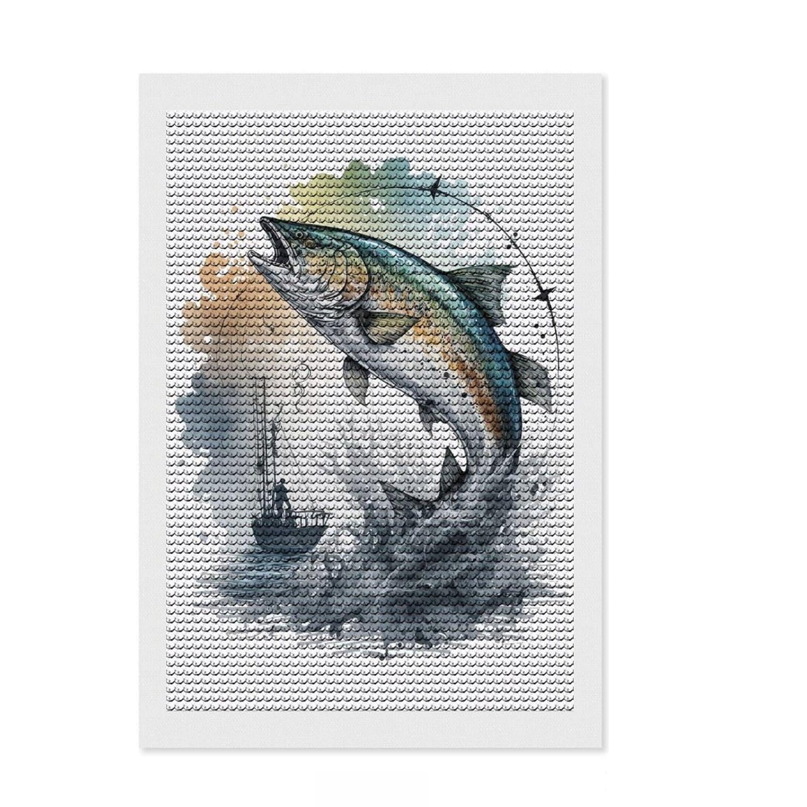 Junmoney Go Fishing Watercolor Diamond Painting Kit 8"x12", Decorate Your Room, Neat Printed Canvas, Adhesive Canvas, Bedroom Decor