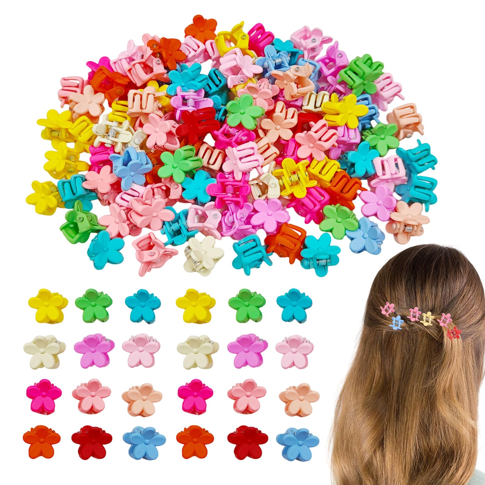FUIPVGI 100 pinzas para el pelo de flores, mini pinzas coloridas para el pelo, horquillas de plástico para el pelo, pinzas para el pelo pequeñas para mujeres, niñas y niños pequeños (100 unidades)