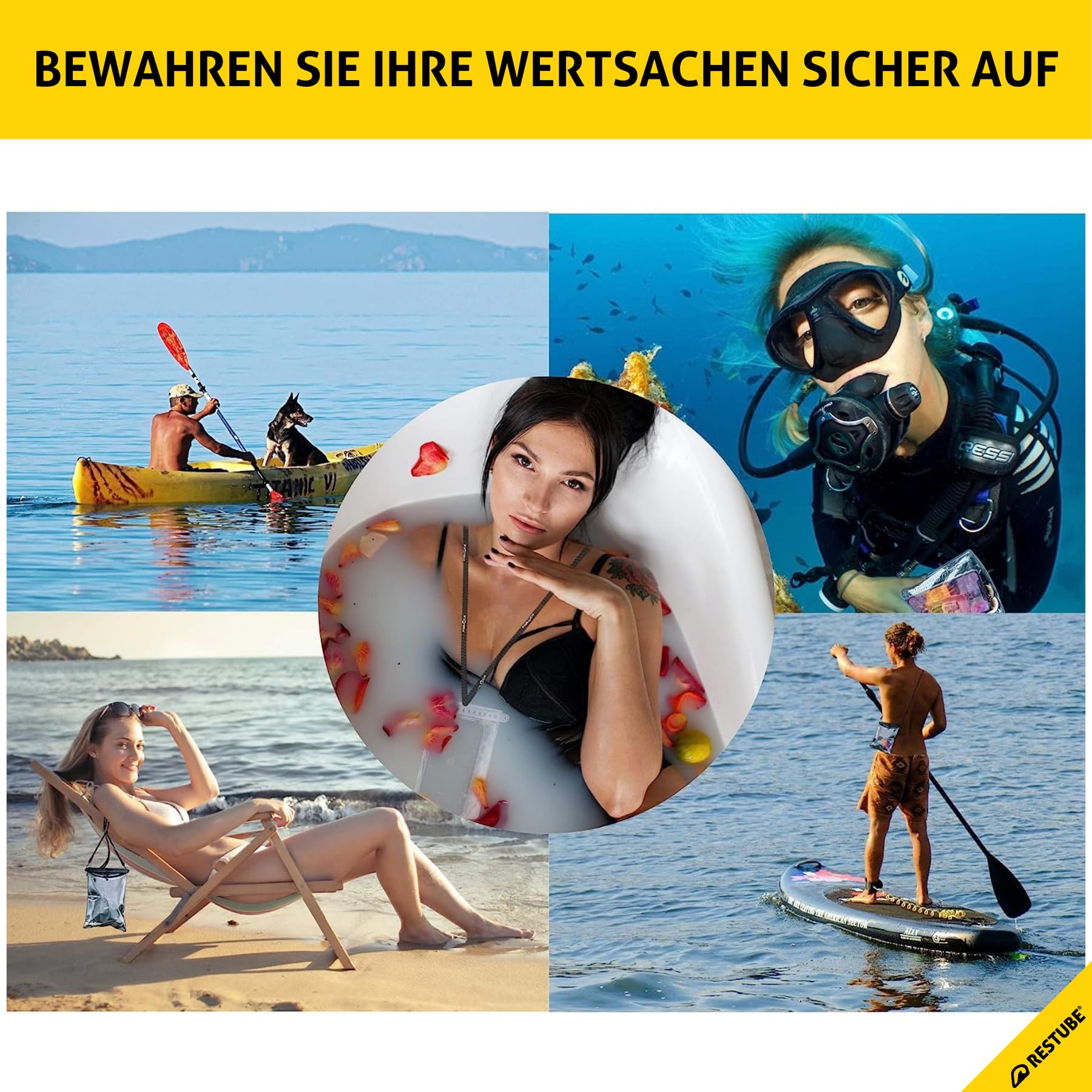 Restube wasserdichte Handyhülle, IPX8 Unterwasser Handyhülle für Schwimmen, Dry Bag Handy Lanyard Hülle für iPhone 14 13 12 11 XS XR X 8 7, Samsung S20 S10 S9, Huawei P30 P20 bis zu 6,9 Zoll