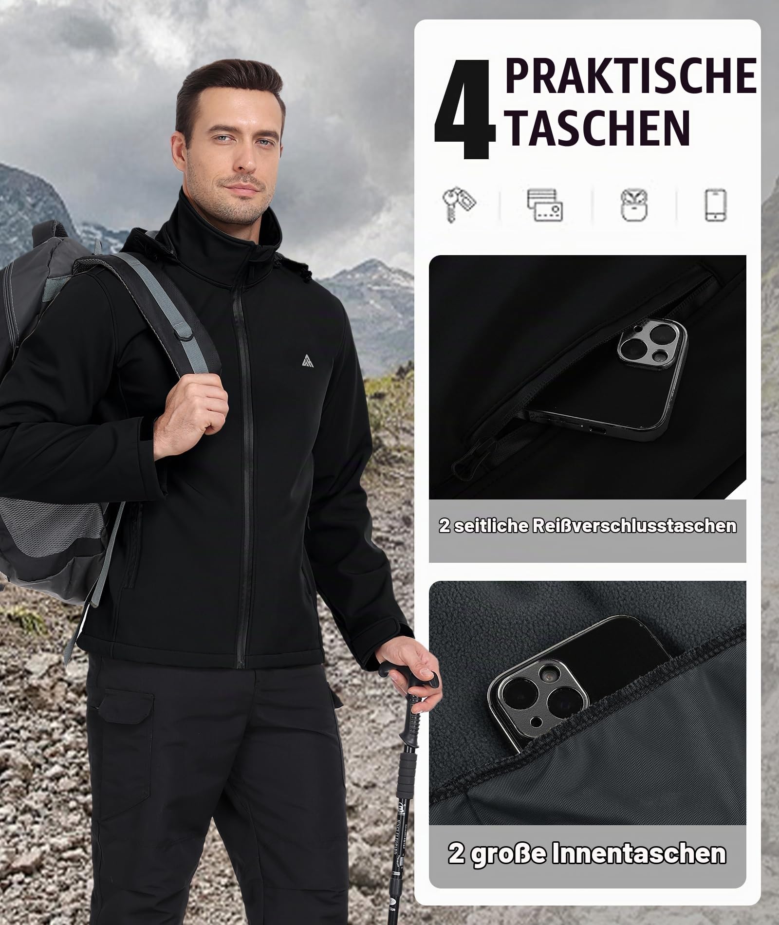 SwissWell Softshelljacke Herren Wasserdichte Winddichte Übergangsjacke Atmungsaktive Funktionsjacke mit Kapuze Outdoor Jacke Herbst Winter Windbreaker für Wandern Fahrrad Camping