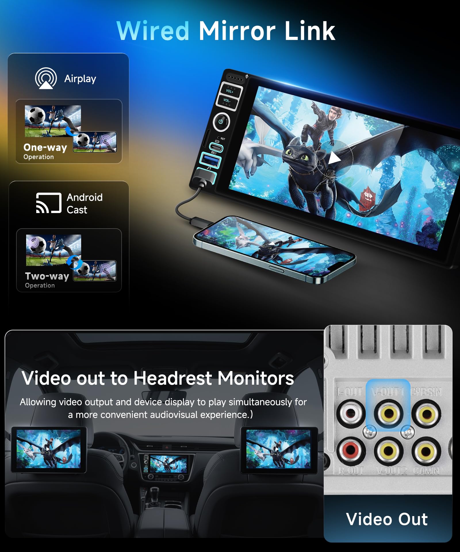4G/64G VECHTEL 6,9" radio samochodowe Bluetooth Android 15 Carplay Android Auto, DSP, 2 USB/Type-C, EQ, WiFi GPS, Mirrorlink, radio RDS/FM 2 Din Con kamera cofania AHD/sterowanie na kierownicy