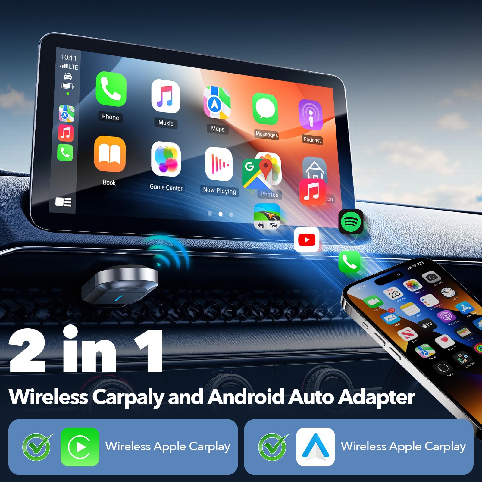 LAMTTO 2-w-1 bezprzewodowy adapter CarPlay, mały bezprzewodowy adapter Carplay i Android Auto z USB-C/A, Plug & Play, stabilne połączenie, działa bez opóźnień dla iOS 10+/Android 11+ i samochodów od