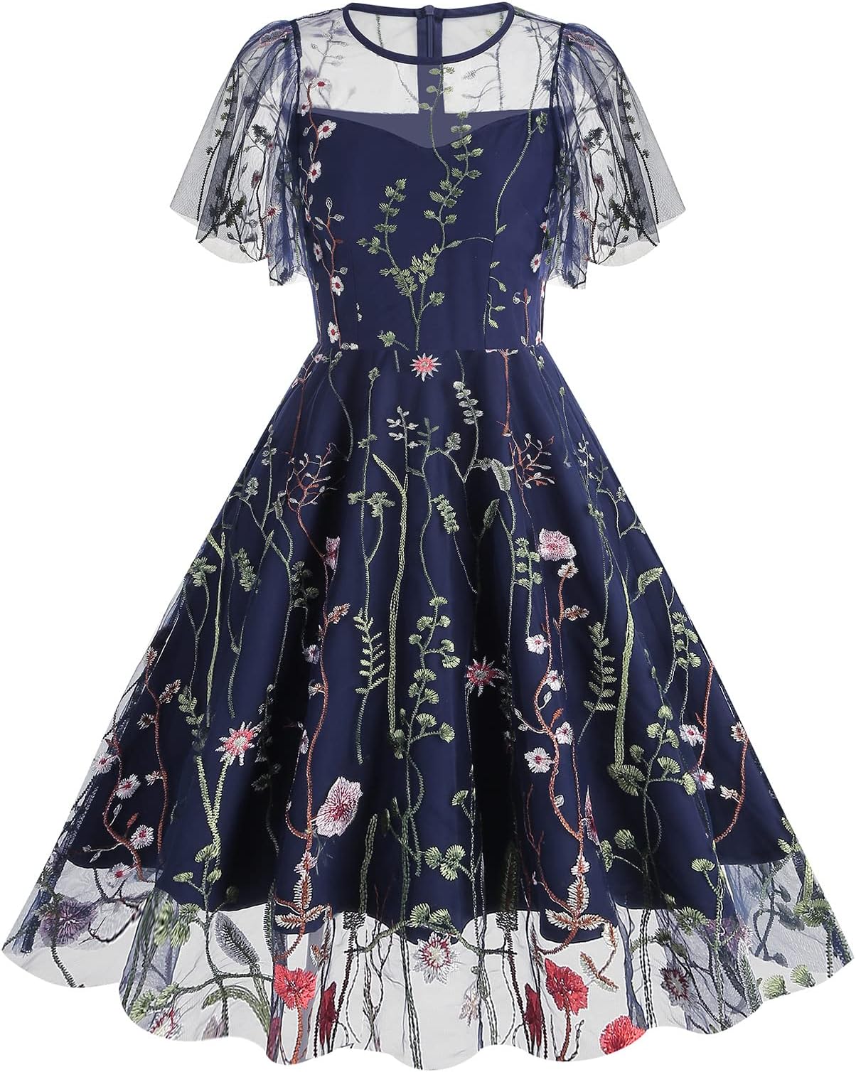 IWEMEKWomen Keyhole Floral Embroidery Dress Sheer Mesh Illusion Vintage Cocktail Swing Dress Wedding Party Prom Tulle Evening Dress