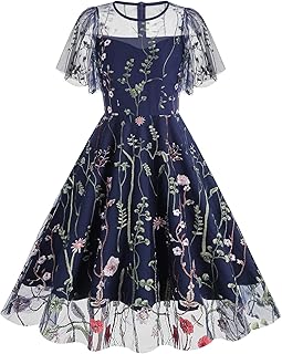 Women Keyhole Floral Embroidery Dress Sheer Mesh Illusion Vintage Cocktail Swing Dress Wedding Party Prom Tulle Evening Dress - Buy now