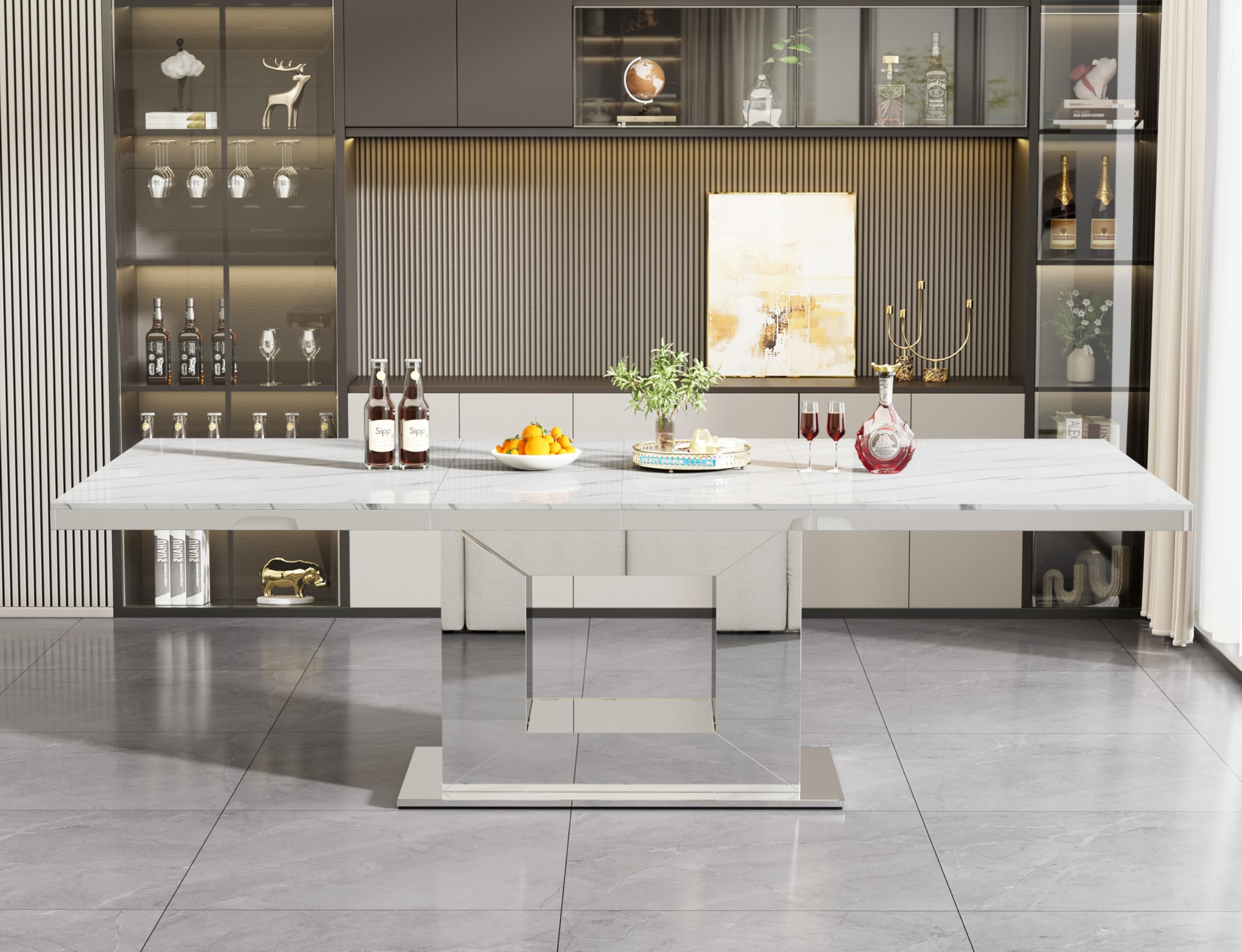 Modern 63"-94" Rectangular White Faux Marble Extendable Dining Table for 6-10, Luxury Rectangular Dining Room Table, Kitchen Dinner Tables with Marble Veining Tabletop &amp; Mirror Acrylic Base