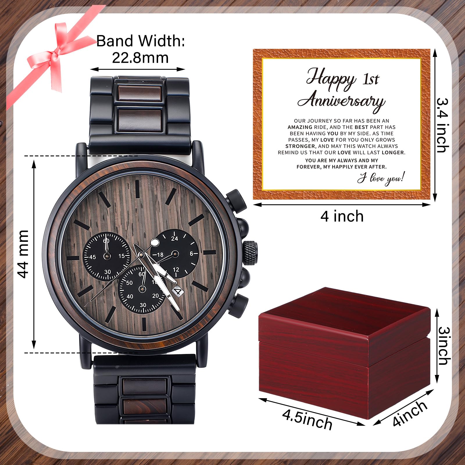 Threehoney Orologio da uomo in legno inciso, regalo per anniversario di matrimonio, ricordo per marito, per fidanzato