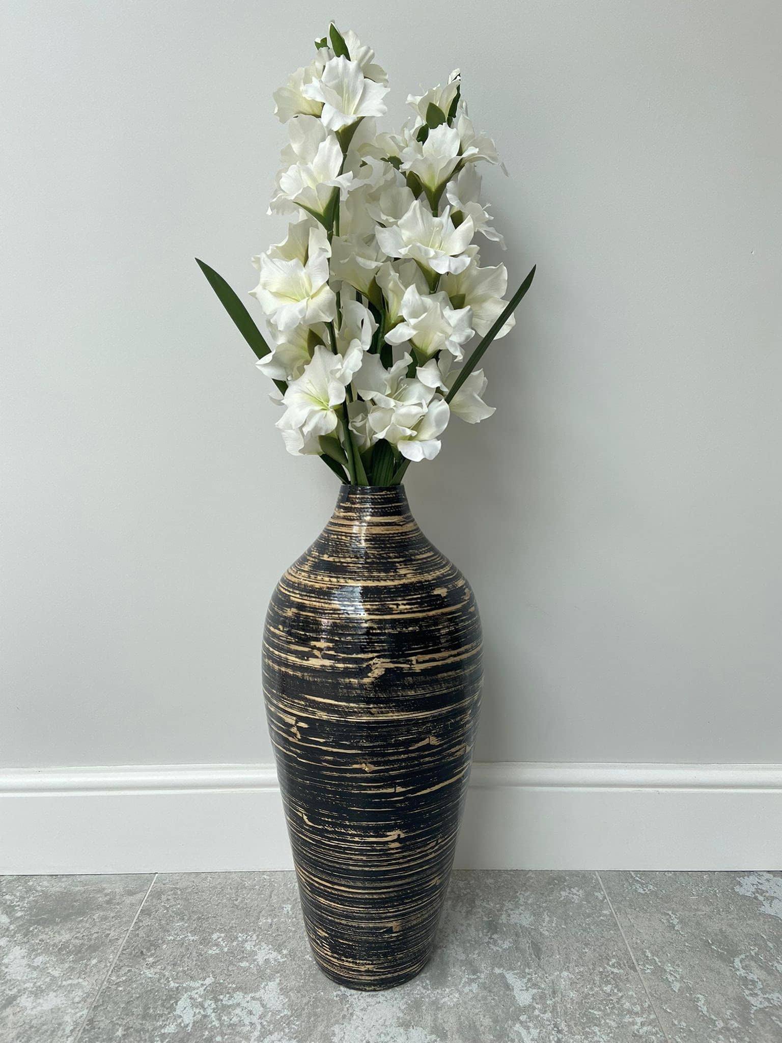 White & natural bamboo tall drum shaped vase 60cm floor vase or table