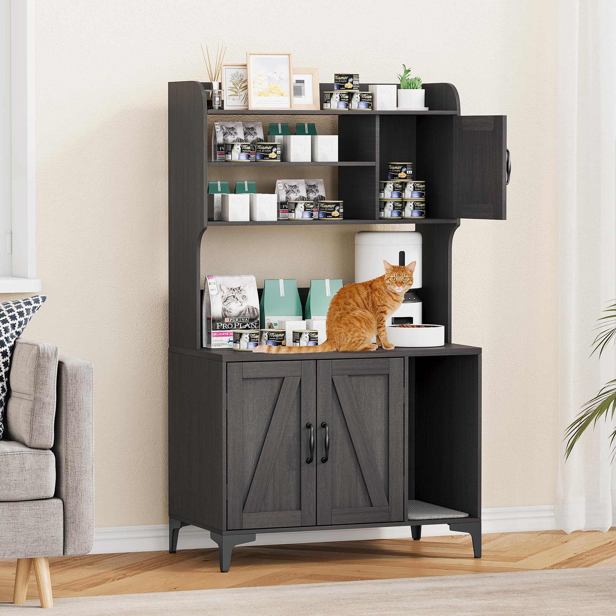 GarveeLife Cat Litter Box Enclosure with Shelves,Litter Box Cabinet,Hidden Cat Box Furniture with Scratching Mat,Wood Sturdy Cat Washroom Storage, Indoor Cat House,Walnut, Walnut