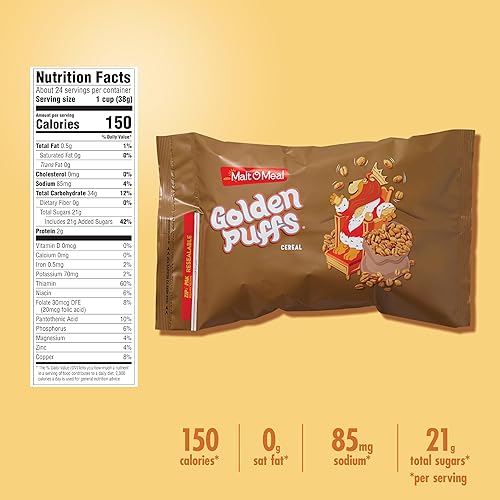 Miniatura 6 de Malt-O-Meal Golden Puffs Cereal de desayuno para niños, cereal en bolsa a granel de tamaño familiar, bolsa de 32 onzas