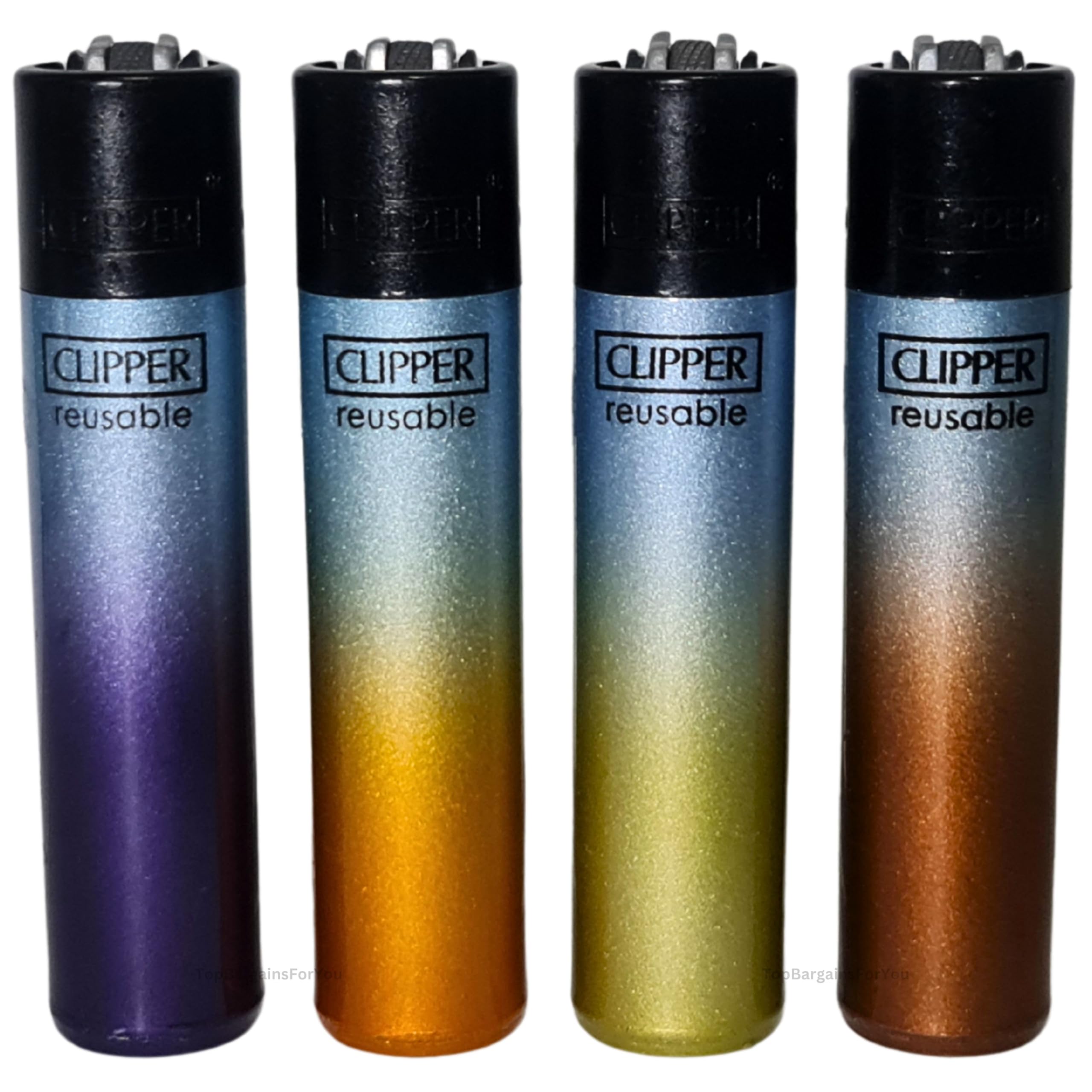 Zactly - 4 x Clipper Lighter Set BLUE CRYSTAL GRADIENT Rare Design Gas Refillable Standard Size Lighters Replaceable Flint - Limited Edition