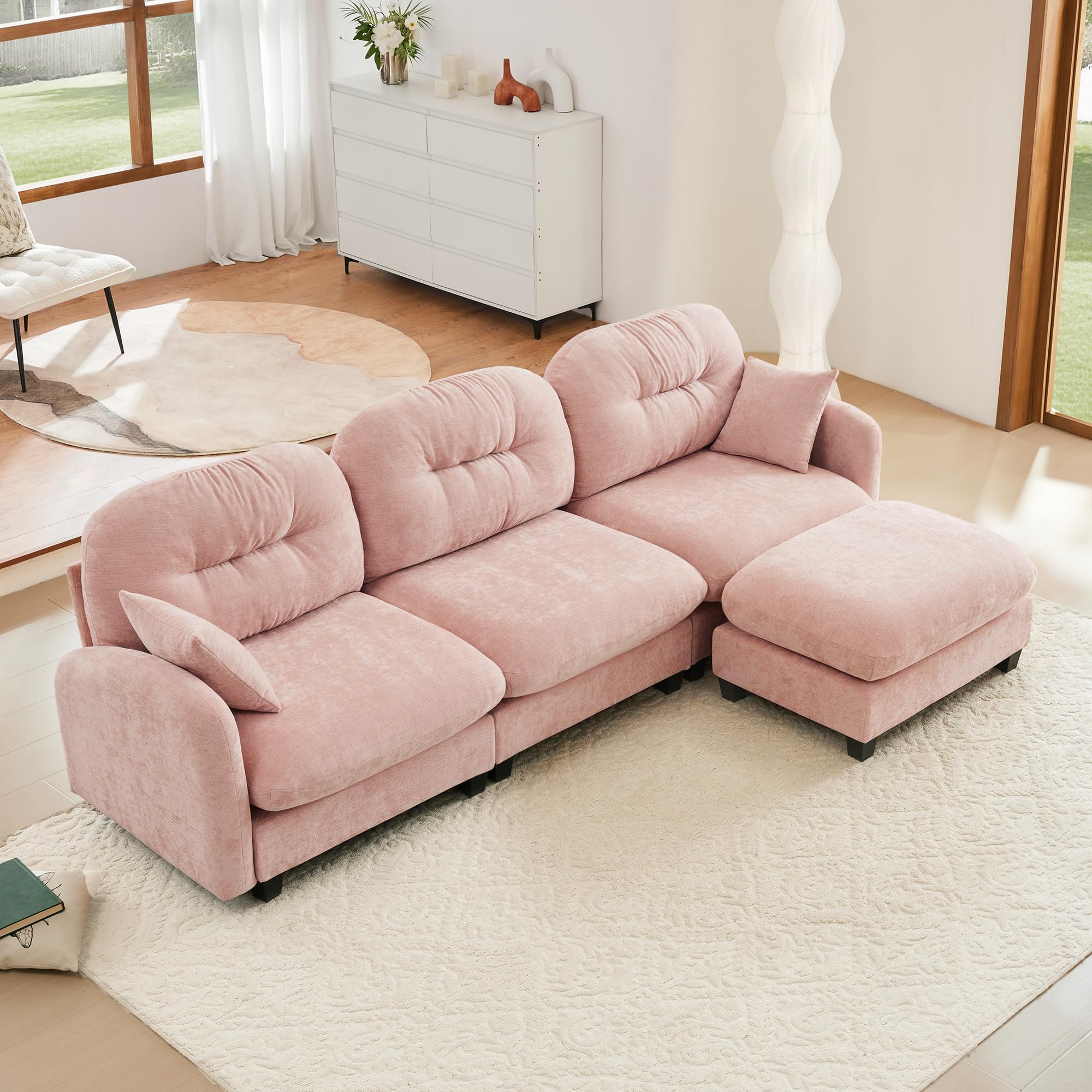 107" Modular Sectional Sofa Cloud Couch, L Shaped Couch with Movable Ottoman, 3-Seater Modern Deep Seat Sectional Couches for Living Room, Comfy Chenille Sofa Modular Couches for Bedroom,Pink