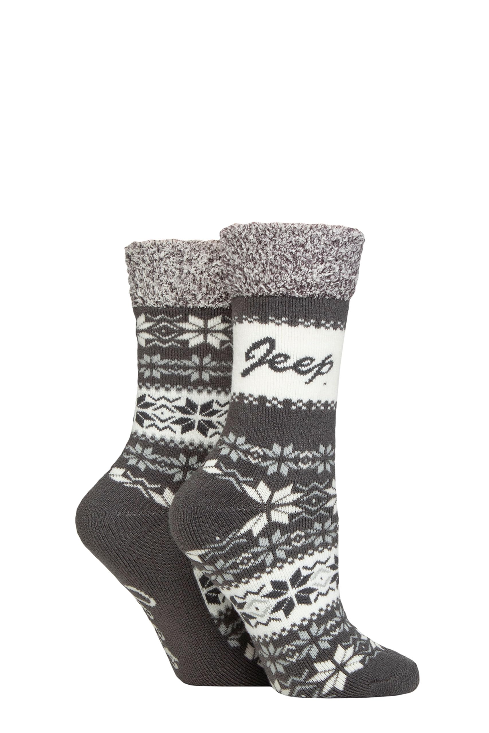 Jeep Women's Slate/Cream Thermal Boot Socks - Fluffy Cuff Soft Top Fairisle Patterned Cushioned Warm Winter Walking, Hiking & Outdoor 2 Pair Size 4-8