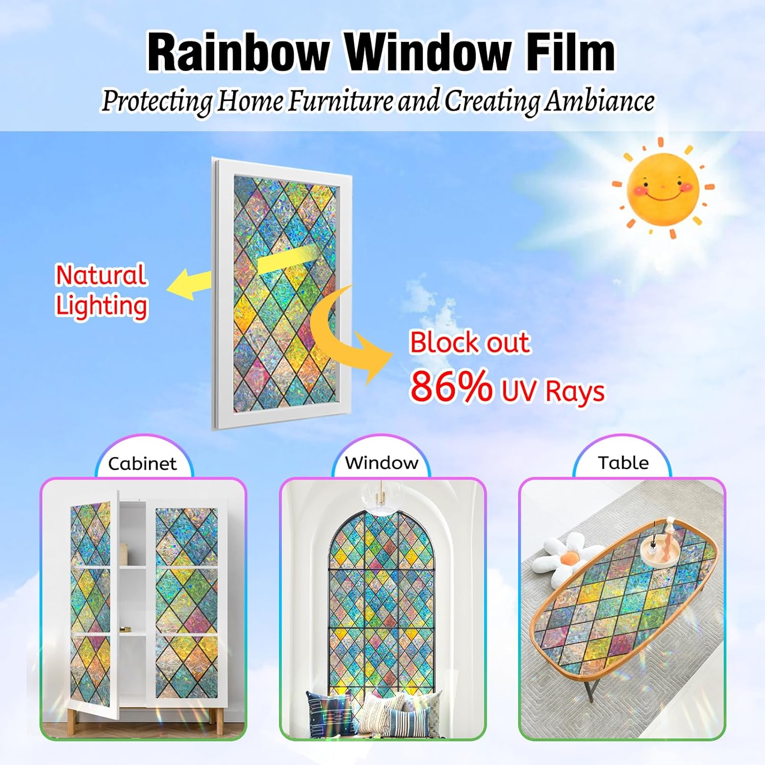 QHY Sunshine Colorful Rainbow Stained Glass Window Film Non-Adhesive Window Privacy Film Reusable Decorative for Room (Chequered Rainbow, 23.6 X 78.7 in)