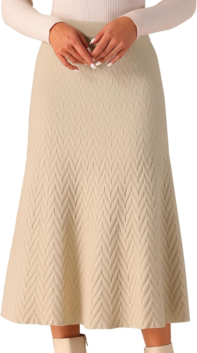 Seta T Women's Ribbed Knit A-Line Skirts Elastic High Waist Stretchy Sweater Midi Skirt