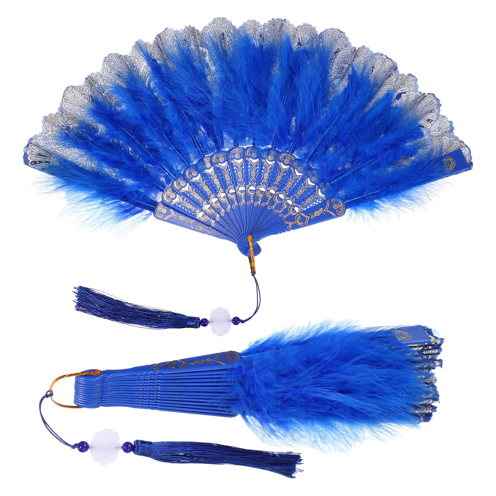 YELARXI Feather Hand Fan, Embroidered Flower Marabou Feather Fans, 20s Vintage Folding Fan Flapper -Fit For (Wedding/Dance Performance/Costume Dancing Show/Gift) 9" & 2Pcs & Dark Blue