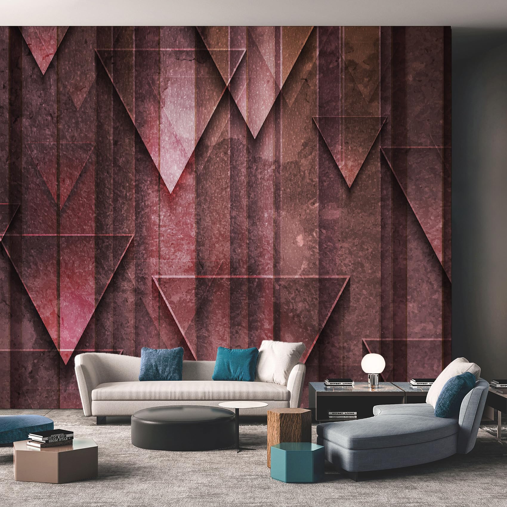 Papier Peint Mural Bordeaux Clair, Effet 3D géométrique, Effet Illusion d'optique, pour Salon, TV, Bureau, hôtel, décoration Murale, Papier Peint intissé, 250 x 175 cm (l x H).