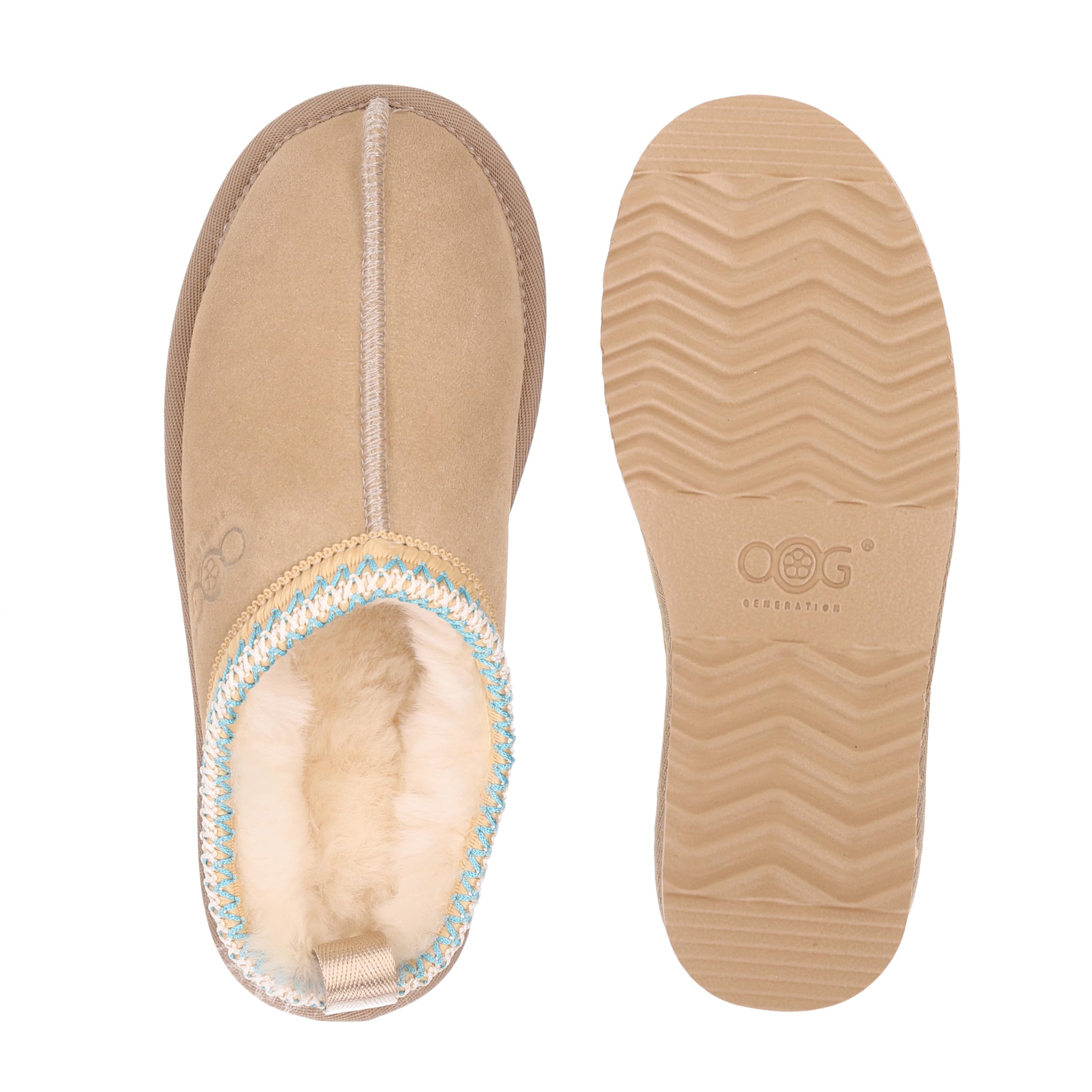 OOG Damen Winter Wärme Hausschuhe mit Echt-Leder, Winter, Memory Foam, Plüsch, Warm, rutschfeste Slippers House Slippers in Beige 39 EU