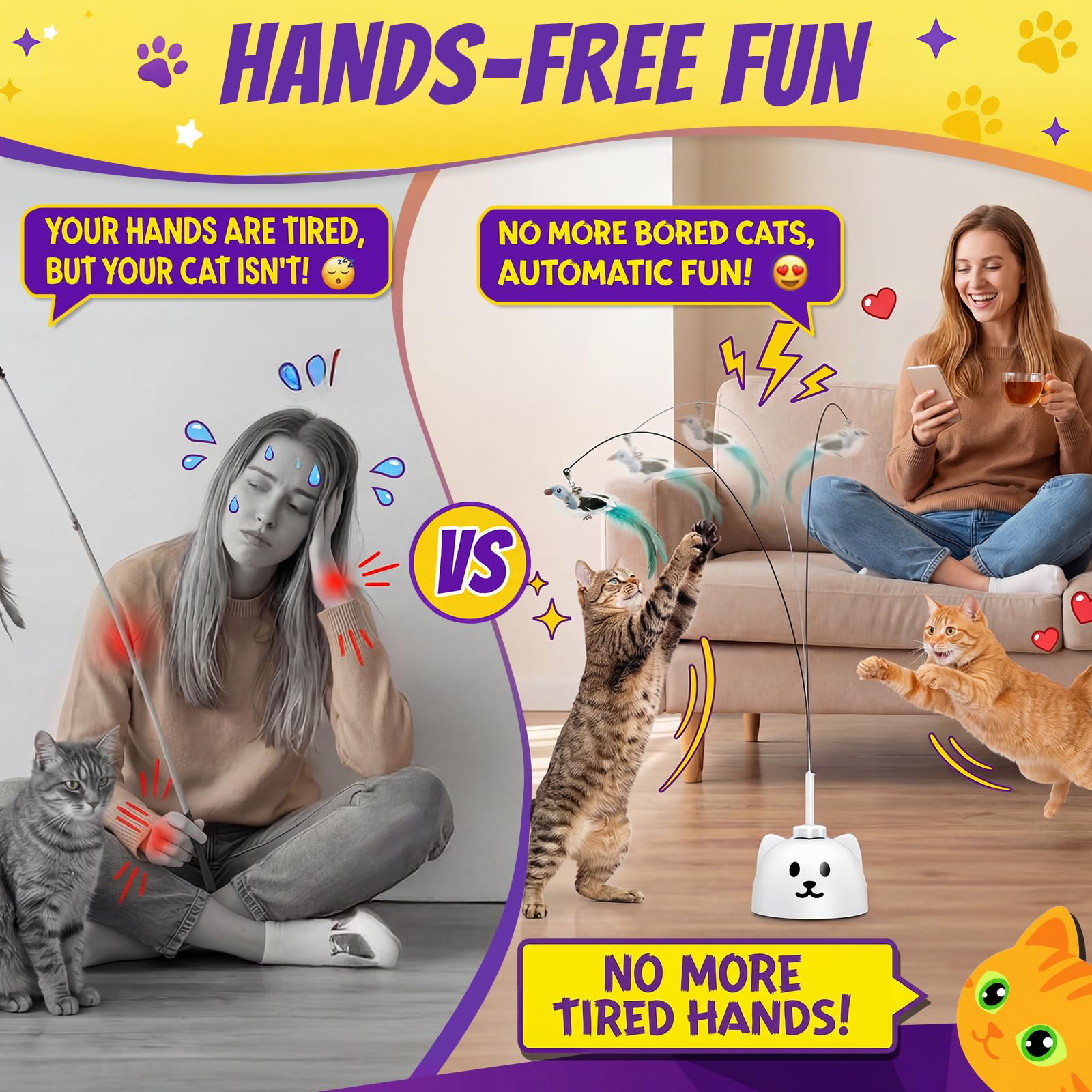 Juguetes interactivos para gatos de interior: varita de plumas de pájaro volador de giro automático de 360° mejorada con varilla protegida de silicona, fuerte ventosa de 8 cm, recargable por USB para