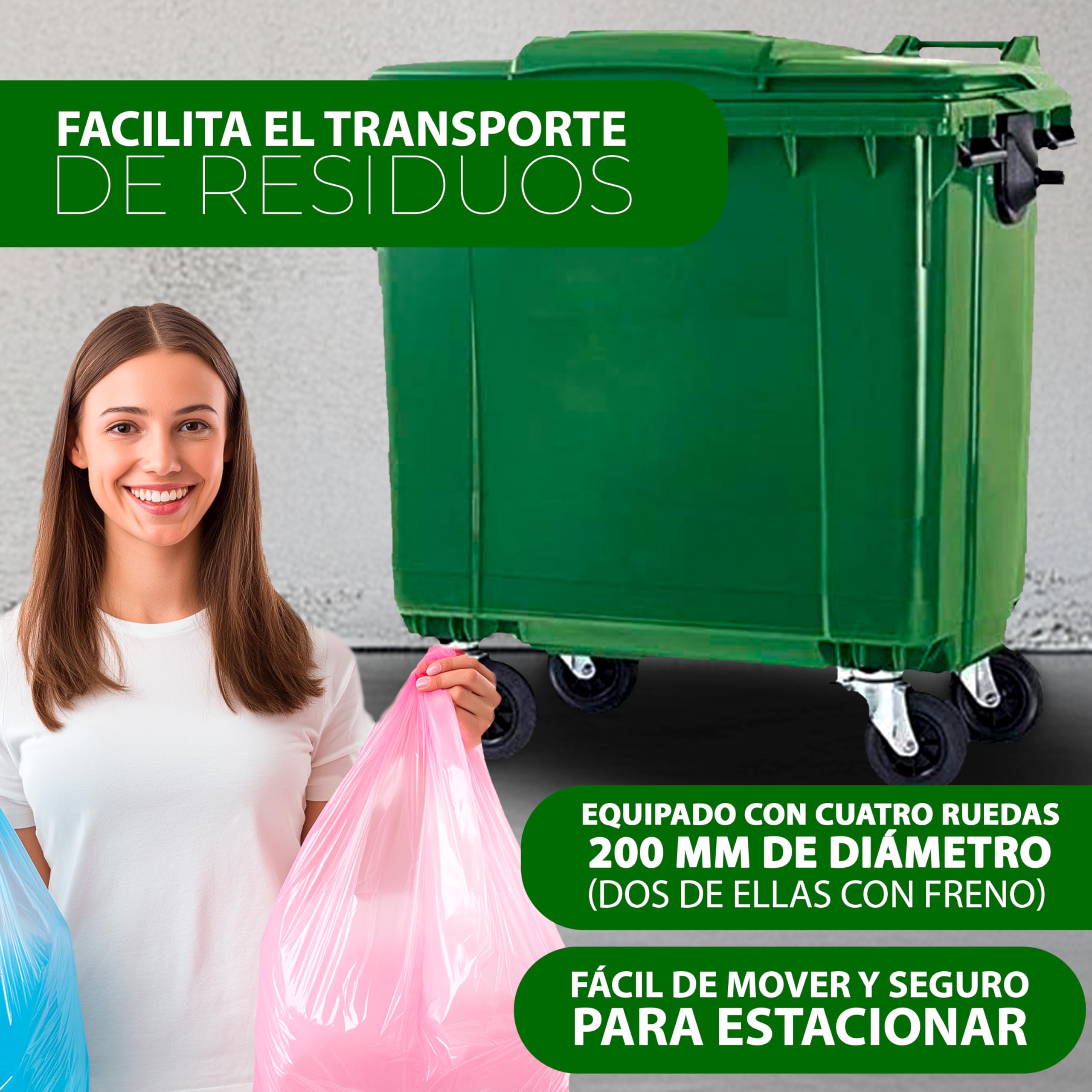 SSI Contenedor de Basura 1100L con Tapa Plana - Ruedas con Freno, Desagüe Inferior, Cumple Normativa EN-840, Ideal para Grandes Volúmenes de Residuos y Reciclaje en Exteriores (Verde, 1100 litros)