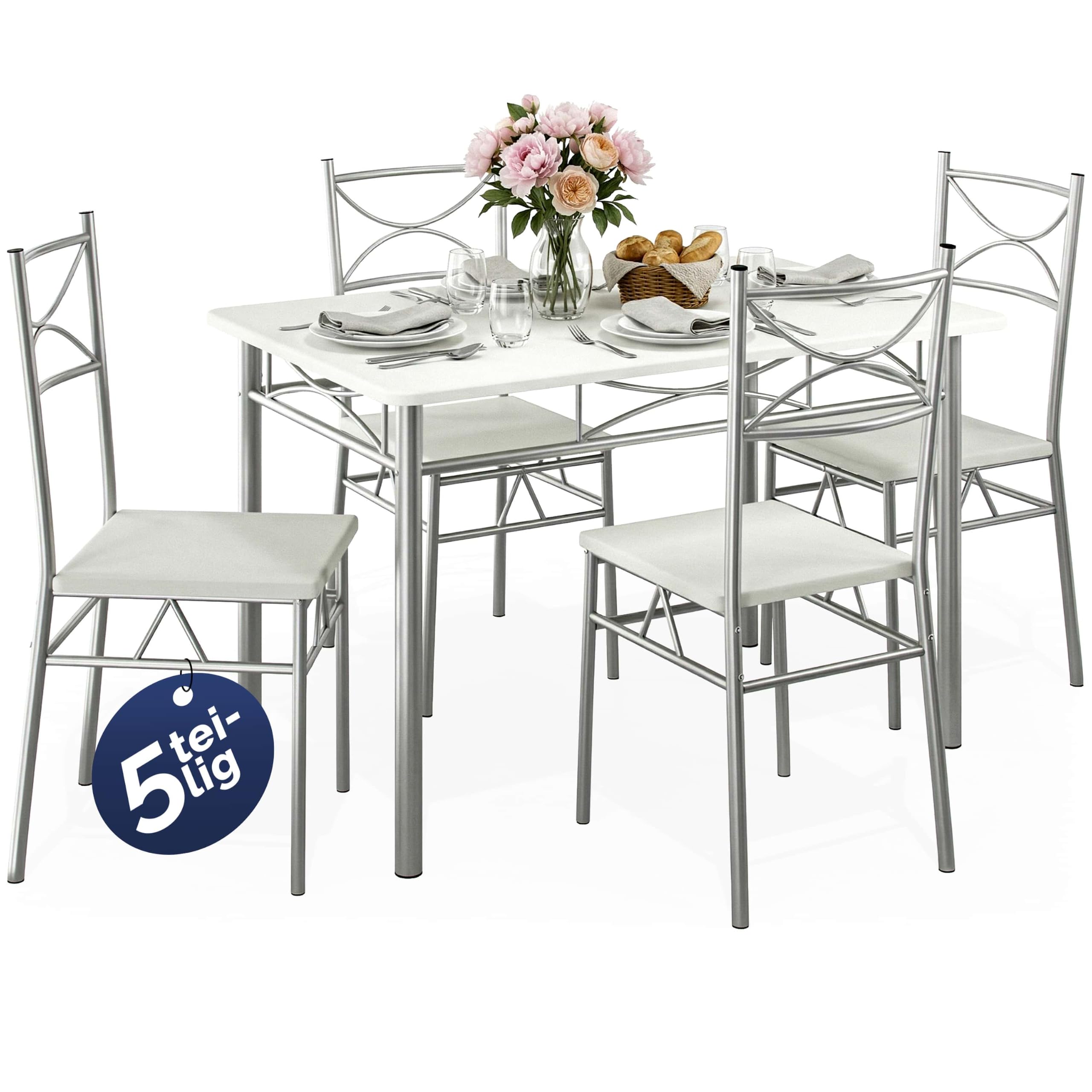 Casaria® Esstisch mit 4 Stühlen Holz 5-TLG Set Metall 110x70cm Industrial Esszimmer Küche Stühle Tisch Möbel Essgruppe Sitzgruppe Paul Weiß