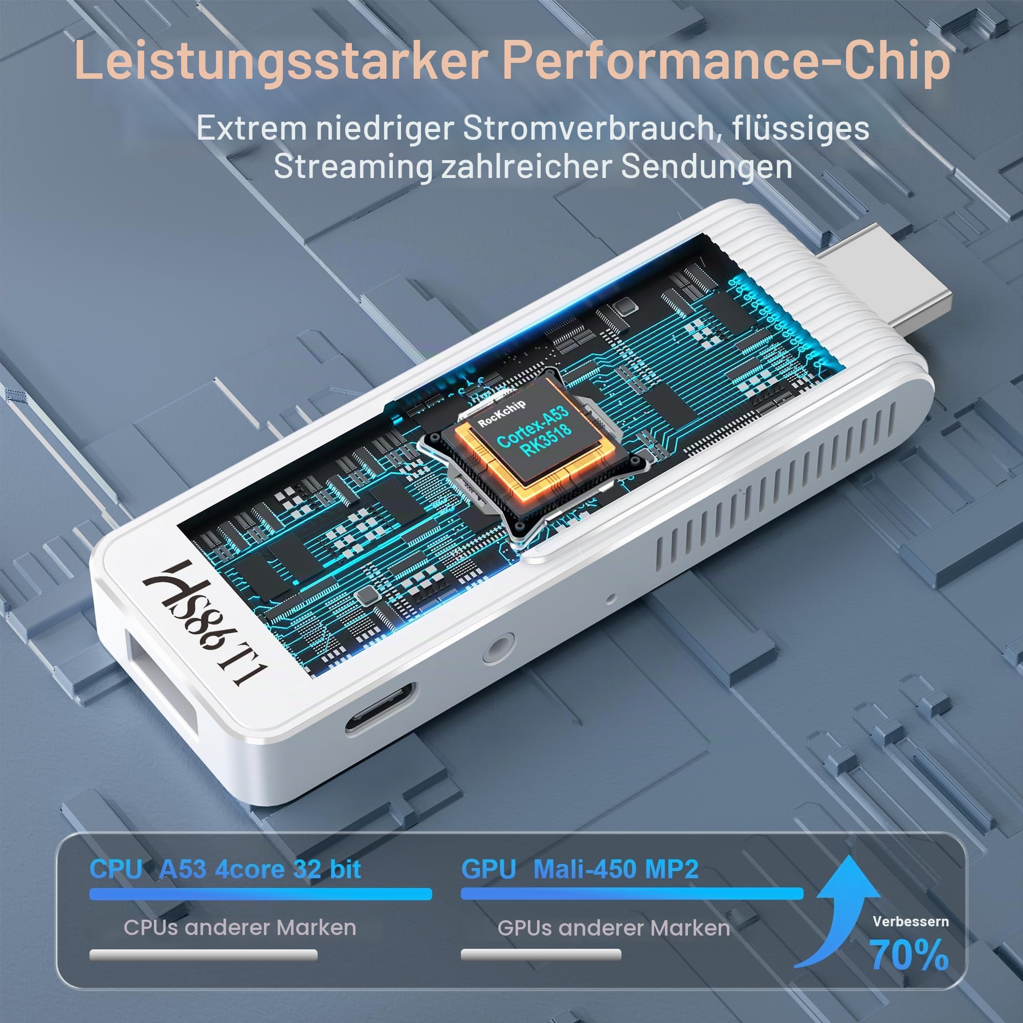 Android 14.0 TV Stick, mit 2GB RAM und 16GB ROM, angetrieben von RK3518 Quad-Core 32bit Cortex-A53 Chipset und Mali 450 MP2 GPU, unterstützt Dual-Band 2,4G/5G Wi-Fi, BT 5.4 und 4K Ultra HD