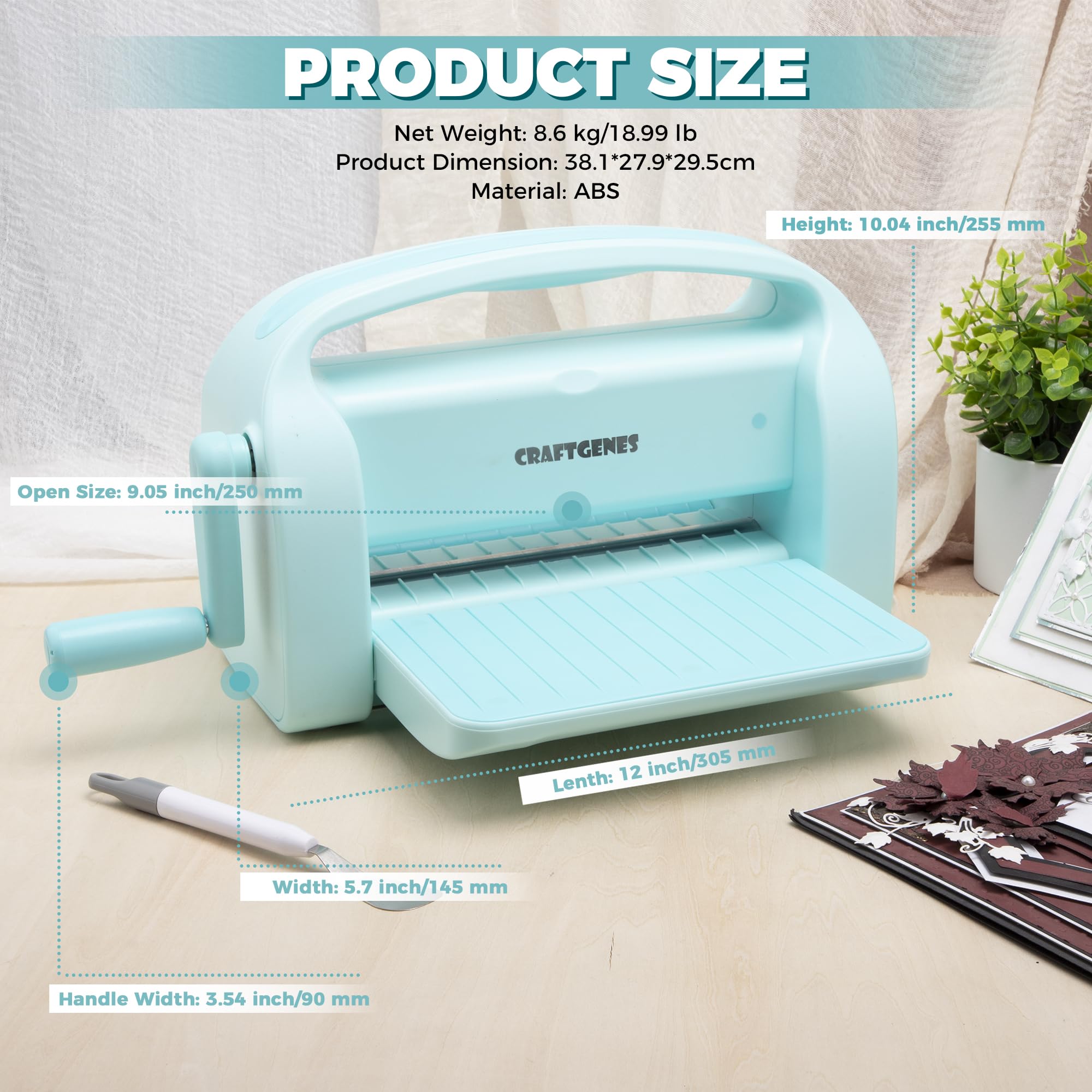 CraftGenes 9 Zoll Stanzmaschine & Prägemaschine, Manuelle A4 Stanz- und Prägemaschine mit Faltbaren Seiten, Inkl. A4 Stanzformen, Prägefolder & Platten, Ideal für Kartengestaltung, Scrapbooking & DIY
