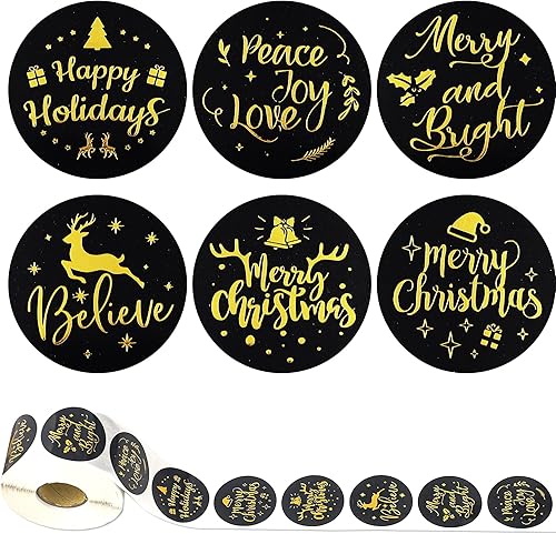 600 calcomanías de Feliz Navidad, calcomanías de sello de Navidad, calcomanías de rollo de sobres, etiquetas redondas negras y doradas, calcomanías
