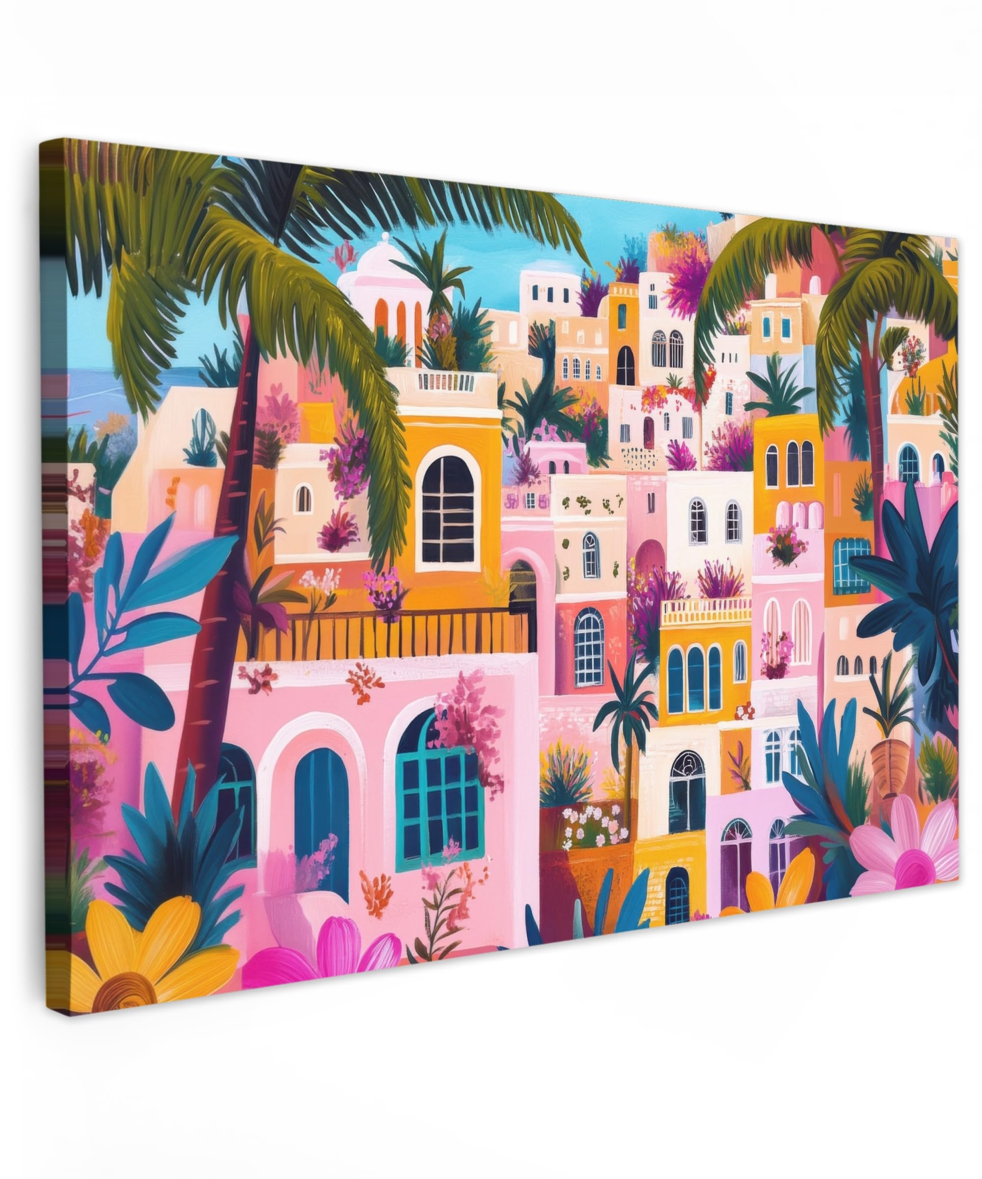 Muchowow Colourful - Pink - Orange - Yellow - Flowers Muchowow© Canvas Wall Art 35"X24" / 90X60 Cm Decor Paintings Print Framed On Canvas Pictures For Hallway