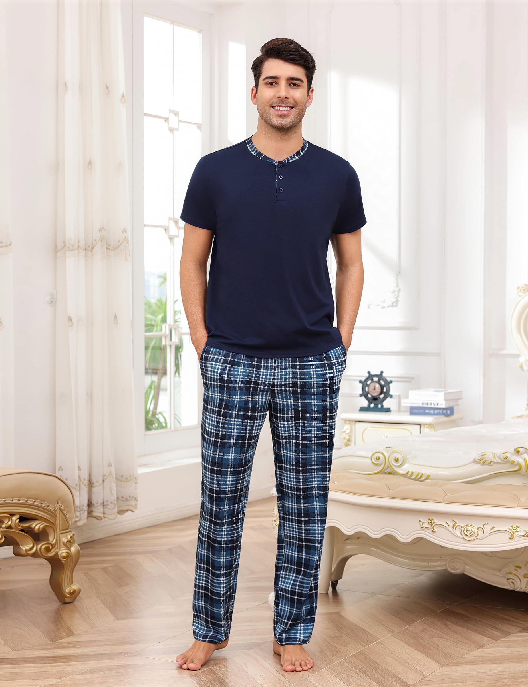 Aseniza Pigiama Uomo Top Girocollo a Maniche Corte e Pantaloni Lunghi a Quadri Pigiama da Due Pezzi Abbigliamento da Casa Comodo S-3XL