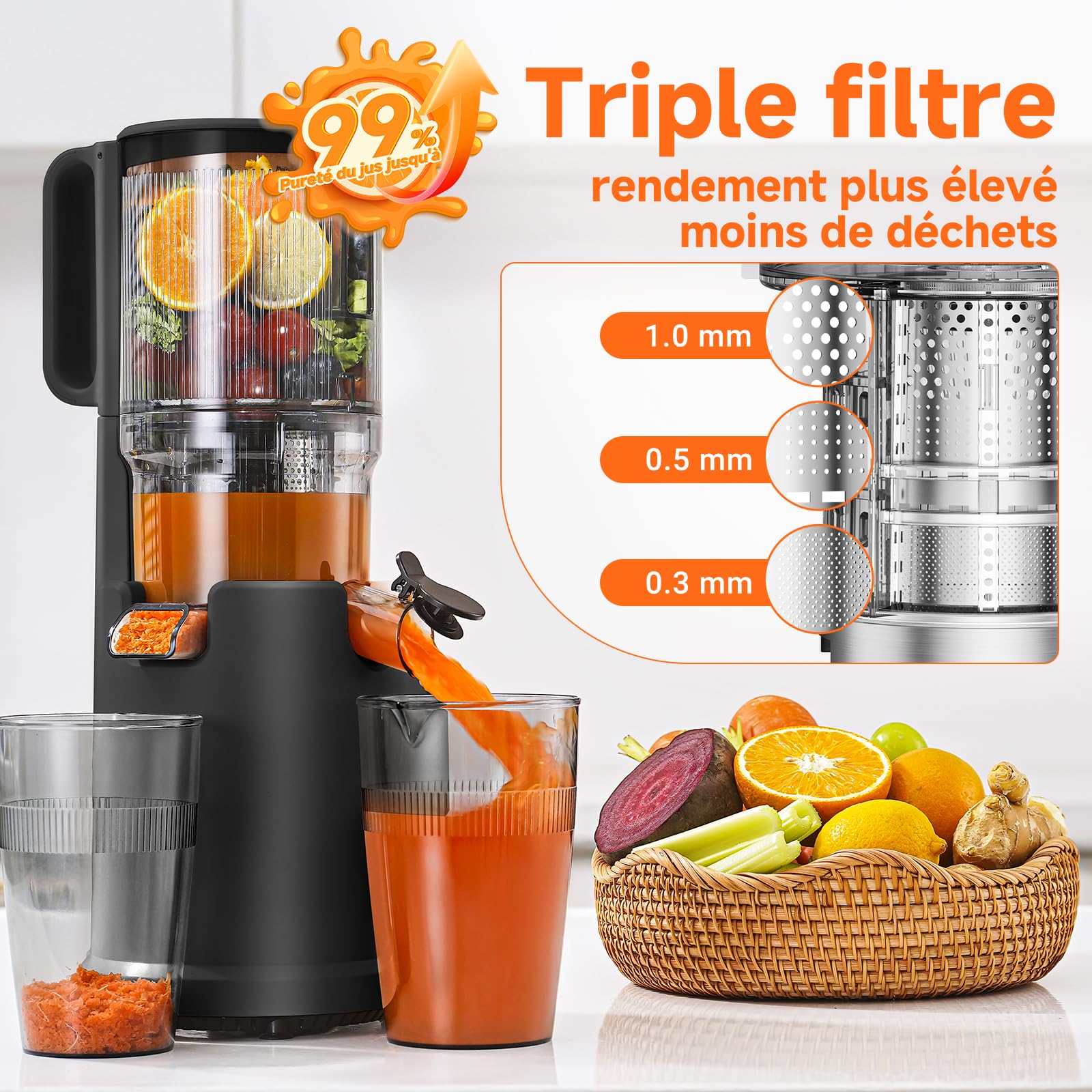 AOBOSI Extracteur de jus 135 mm XXL 90 tr/min moteur cuivre silencieux sans BPA