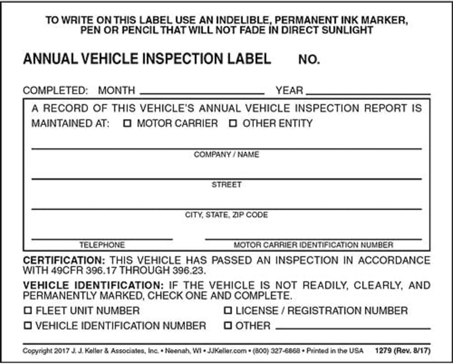 50-Pack, Annual Vehicle Inspection Label, 2-Ply Adhesive Vinyl, Prenumbered, DOT Compliant, J. J. Keller & Associates, Inc.