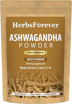 HerbsForever Ashwagandha Withania somniferaRoot Powder- Ayurvedic Adaptogen Herb For Sleep, Anti Stress,Ideal for Smoothie, Juice & Teas| Wild Harvested, Non GMO, 2X Potency,Ultra Clean| 8oz-1/2 LBS