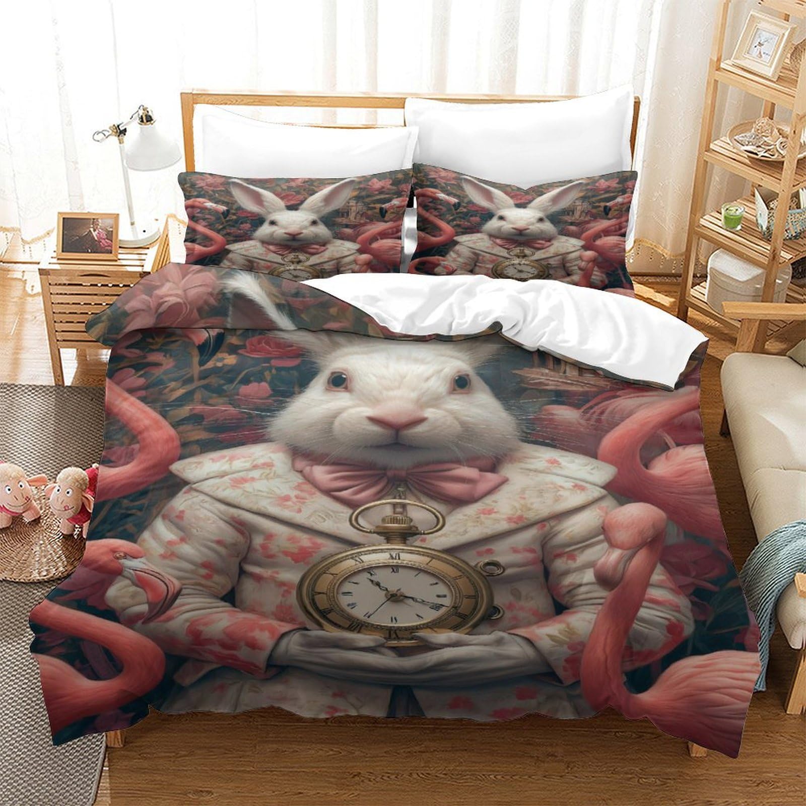 P1S9U7W5Y Vintage Fantasy 3D Printed White Rabbit Duvet Cover Set 3pcs Microfiber Animal Bedding Set King（220x240cm）