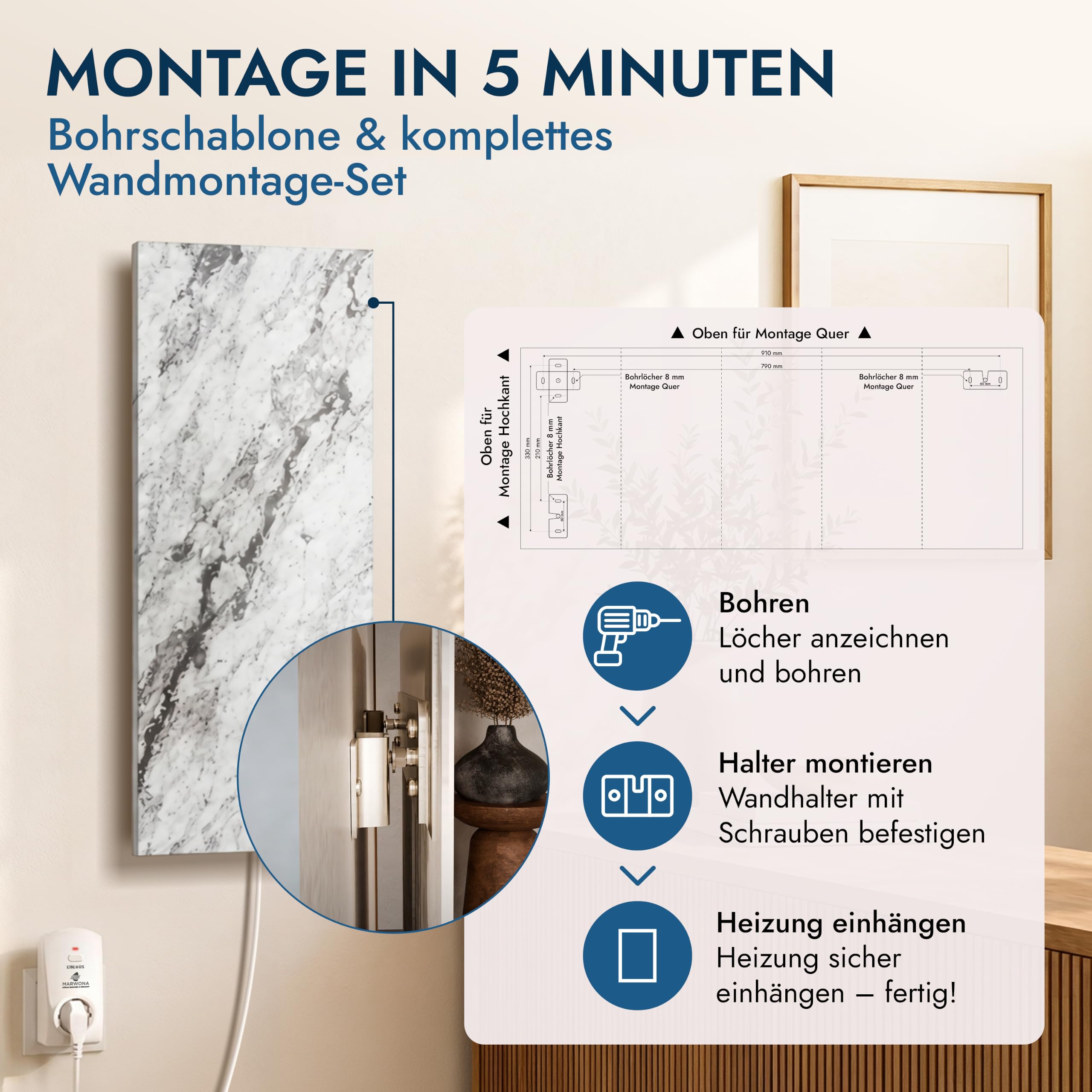 Naturstein Infrarotheizung 800 Watt Qarama - Massive Wandheizung aus echtem Marmor - Elektroheizung mit Digitalthermostat, lautlos, 100x40 cm - Made in Germany