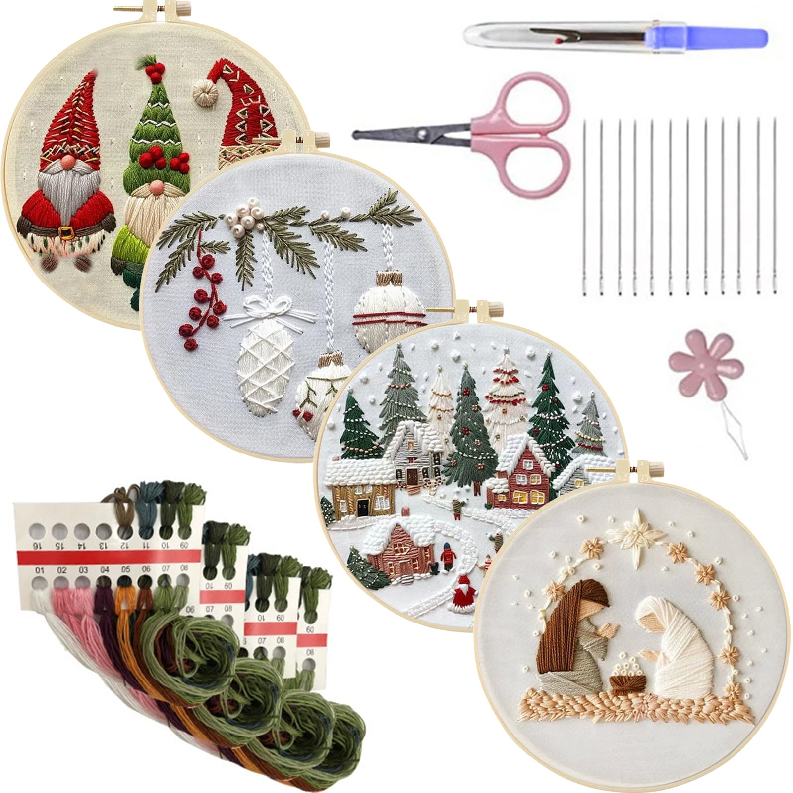 Juego de 4 bordados con diseños navideños – Juego completo para principiantes con marco, agujas, hilos e instrucciones para realizar hermosas artesanías