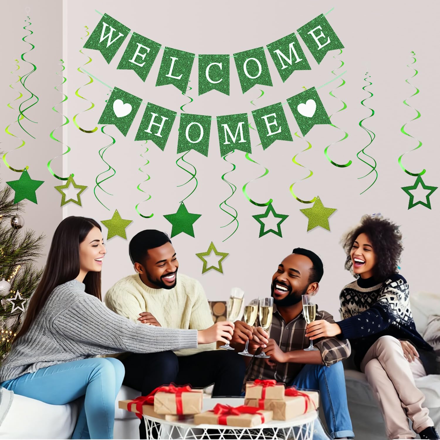 Welcome Home Decorations Green Glitter Bunting Banner Hanging Swirls with Star for Homecoming Housewarming Reunion Military Deployment Return Baby Shower Family Party Supplies - Image 4