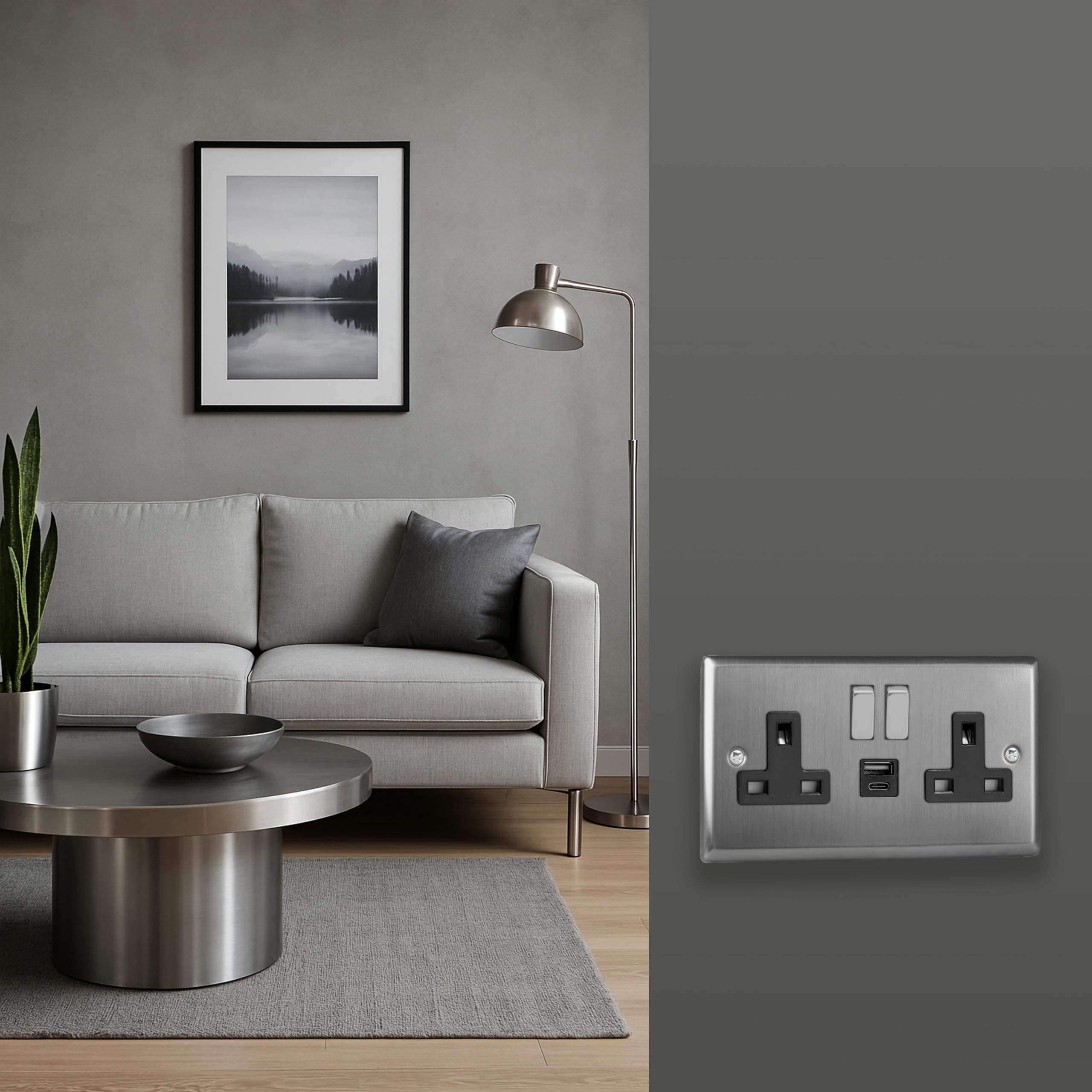 Varilight Double Switched Plug Socket With USB A+C Charging - Classic Brushed Steel With Brushed Steel/Black Insert, XT5UACDB - Image 2