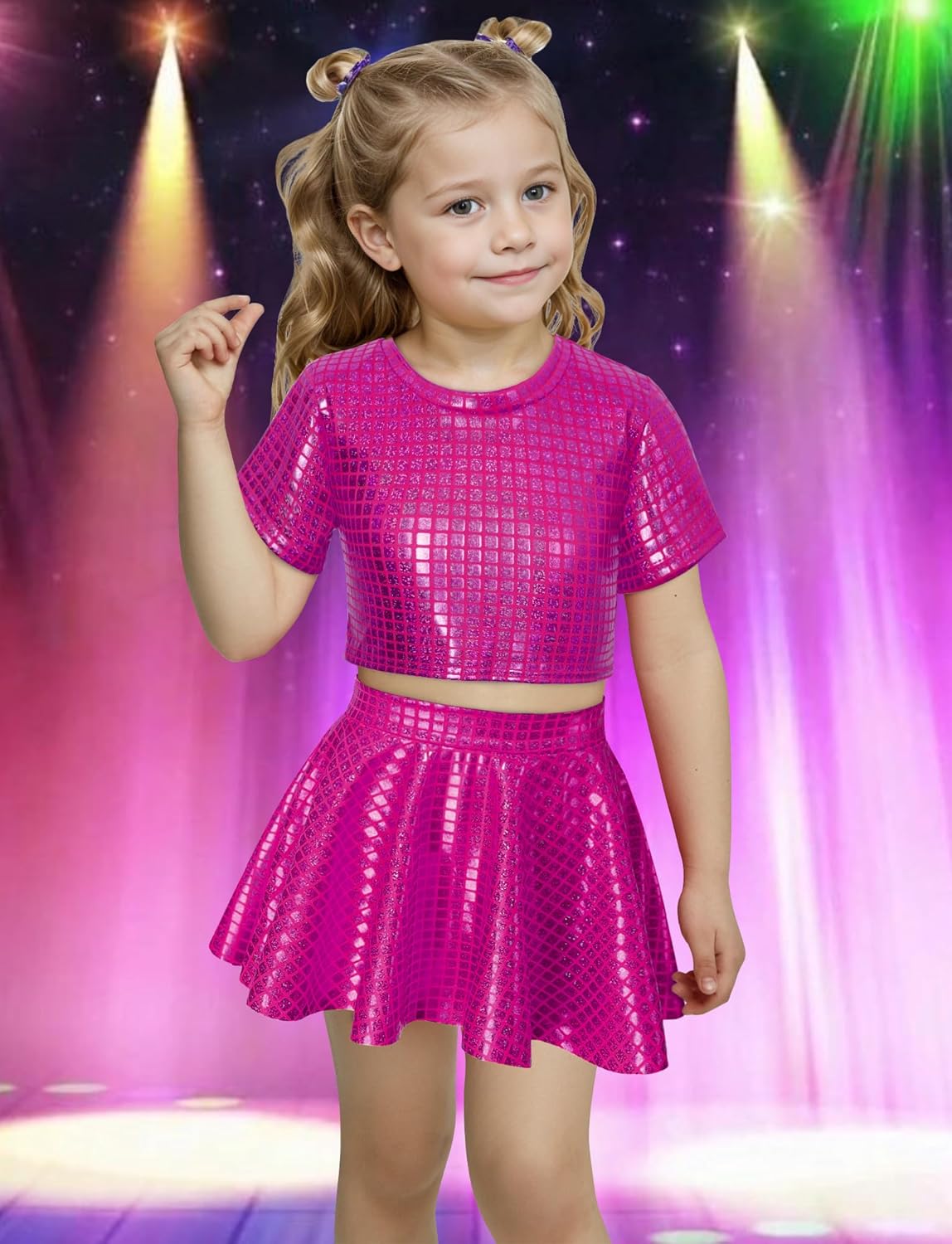 Happy Cherry Kid Girl Shiny Skirt and Top Set 2 Pcs Short Sleeve Metallic Disco Crop Top & Pleated Mini Skirt Set - Image 3