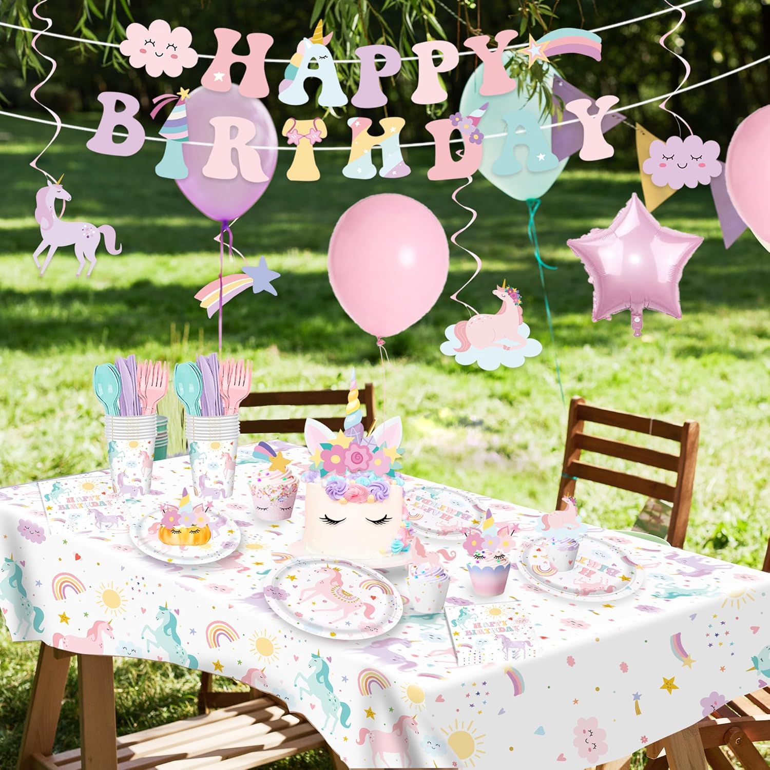 188pcs Unicorn Party Supplies Include Paper Plates Napkins Cups Banner Tablecloth Disposable Tableware Set for Girls Birthday Unicorn Party Decorations Serve 20 Guests