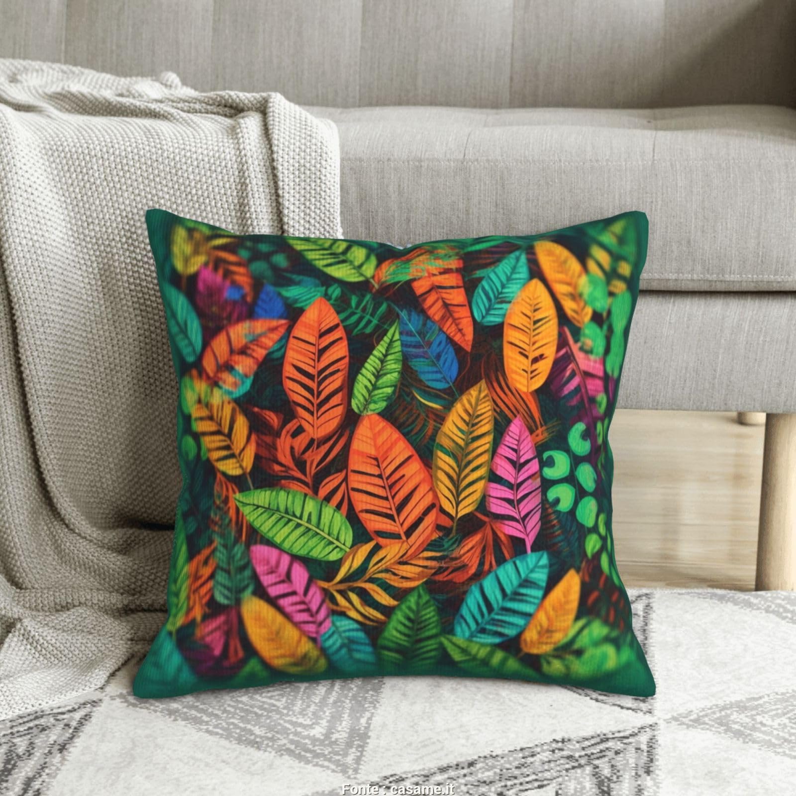 Housse de coussin velours côtelé doux imprimé feuilles colorées jungle 40cm