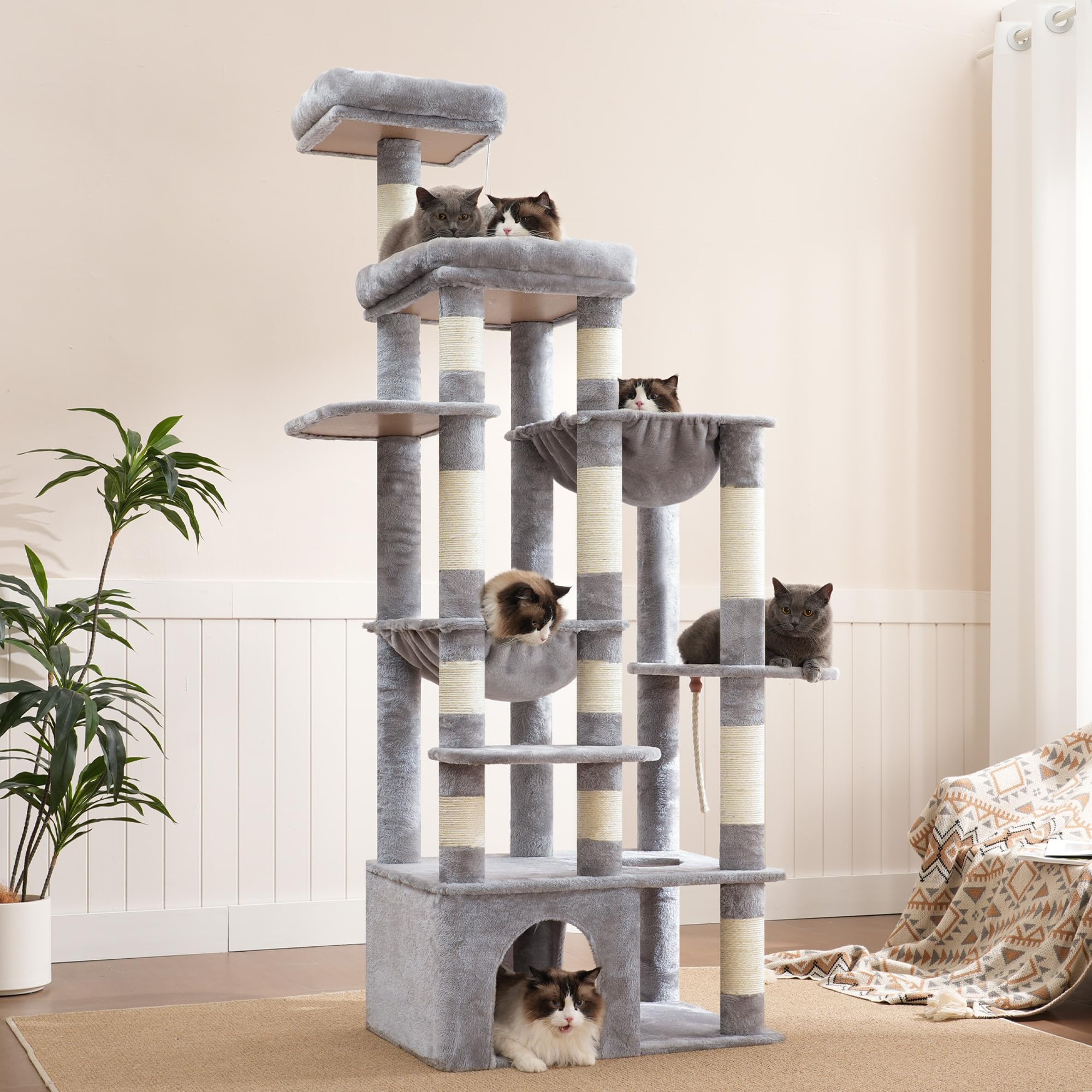 Heybly Árbol para Gatos, 180 Cm con Rascador para Gatos, Base Extra Estable, Plataforma XL, Casa Grande, 2 Hamacas, Ideal para Razas Grandes, Gris Claro HCT037W