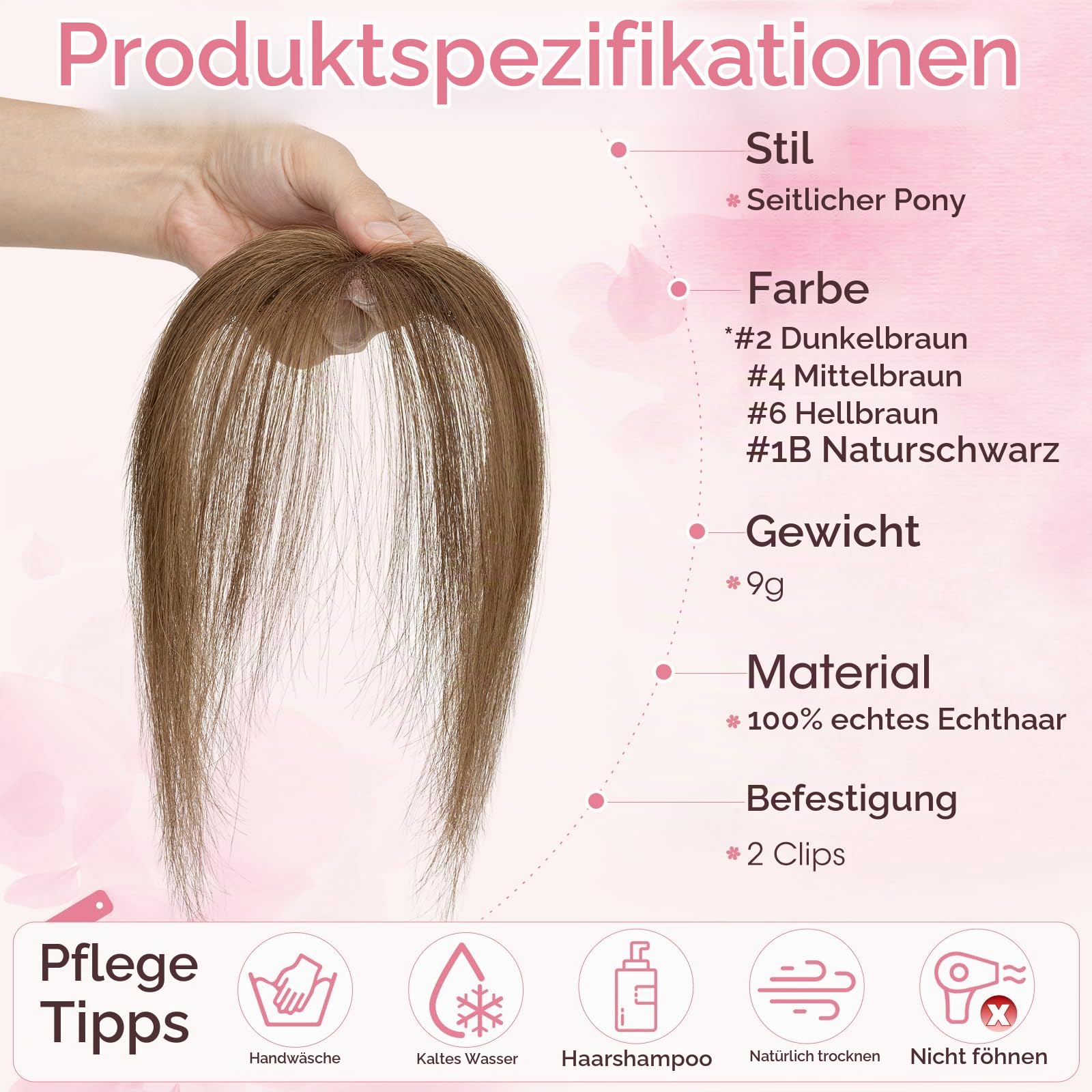 Rich Choices Clip in Pony Echthaar 100% Remy Haarteil Echthaar Pony Haarteil Clip in Hair Topper für Damen Kurz Haar Extentions 9g #4 Mittelbraun Curtain Bangs