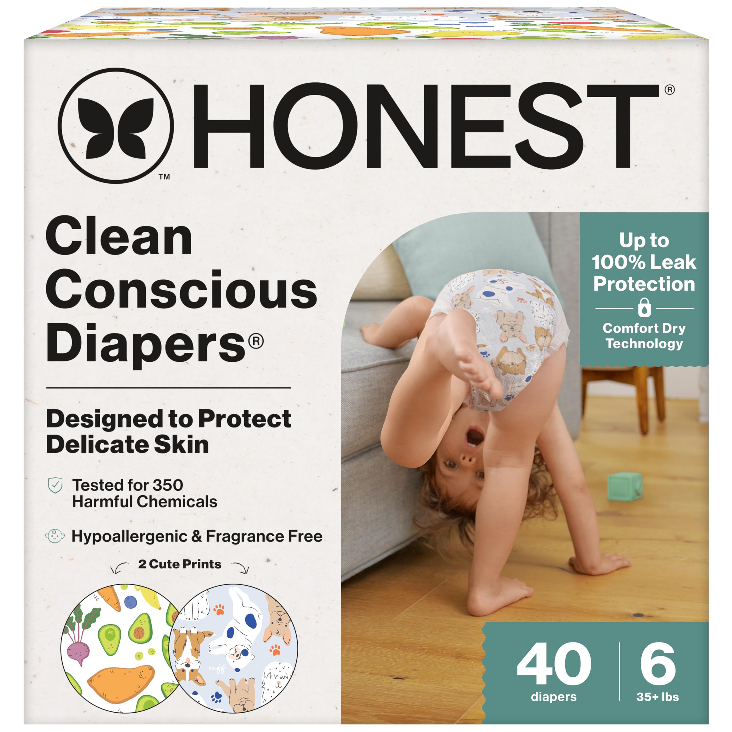 The Honest Company Clean Conscious Diapers | Plant-Based, Sustainable | All The Letters + It's a Pawty | Club Box, Size 6 (35+ lbs), 40 Count