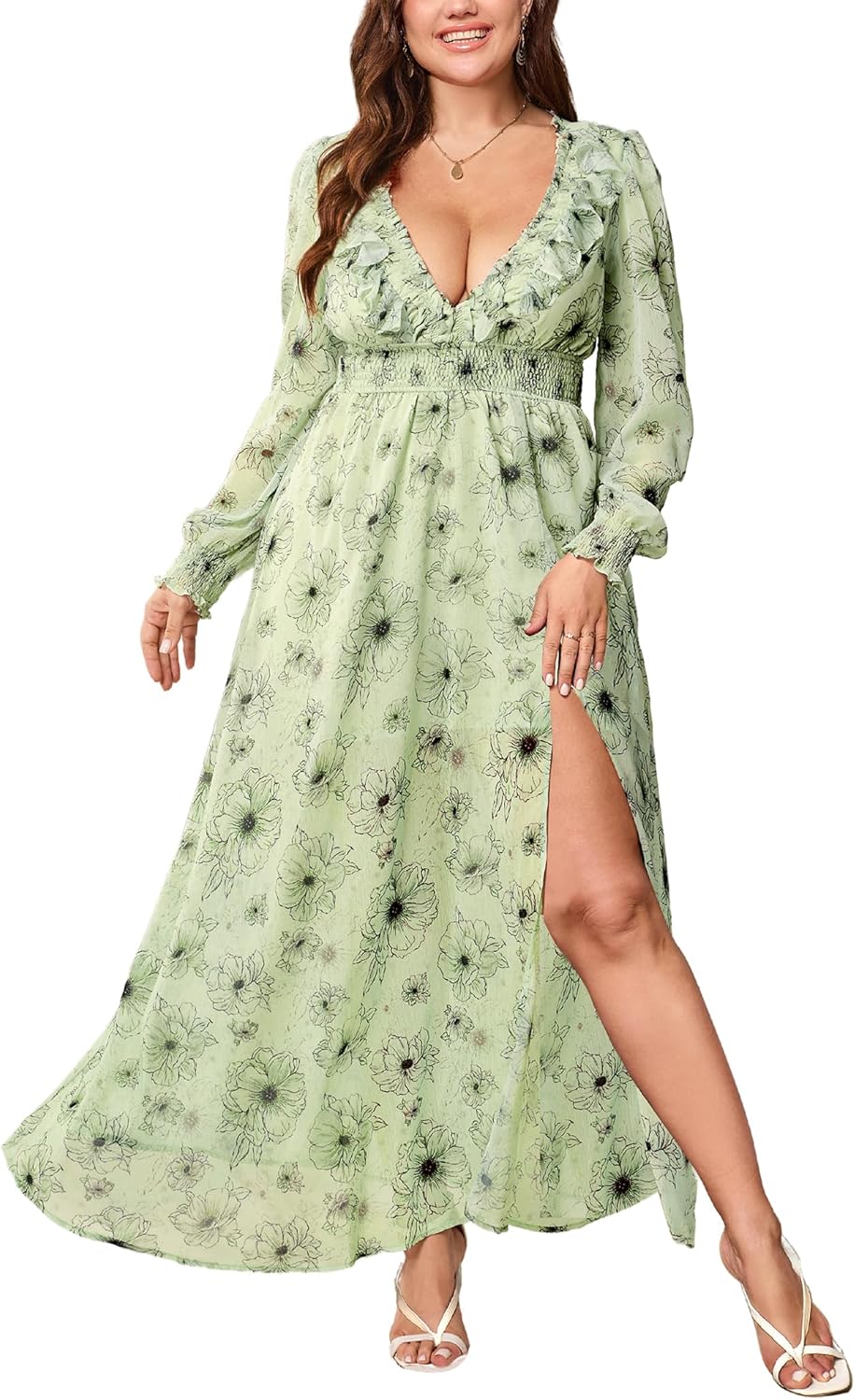 Plus Size Womens Chiffon 2025 Deep V Neck Long Sleeve Maxi Dresses Slit Elastic Waist A Line Flowy Dress
