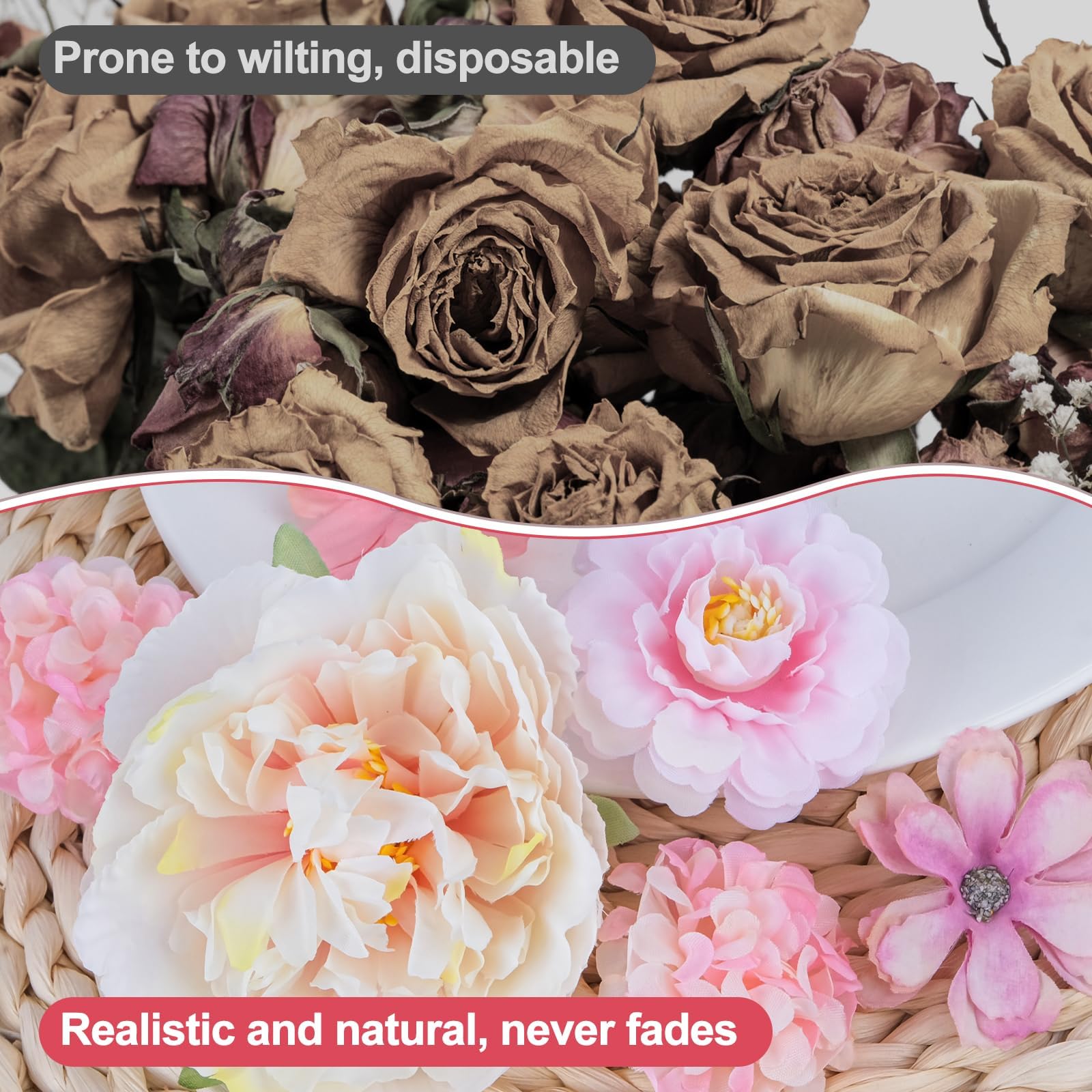 40 Fleurs Artificielles Réalistes Pour Décorations – Lot De Têtes De Fleurs (dahlias, Roses, Pivoines) Pour Mariage, Centre De Table, DIY