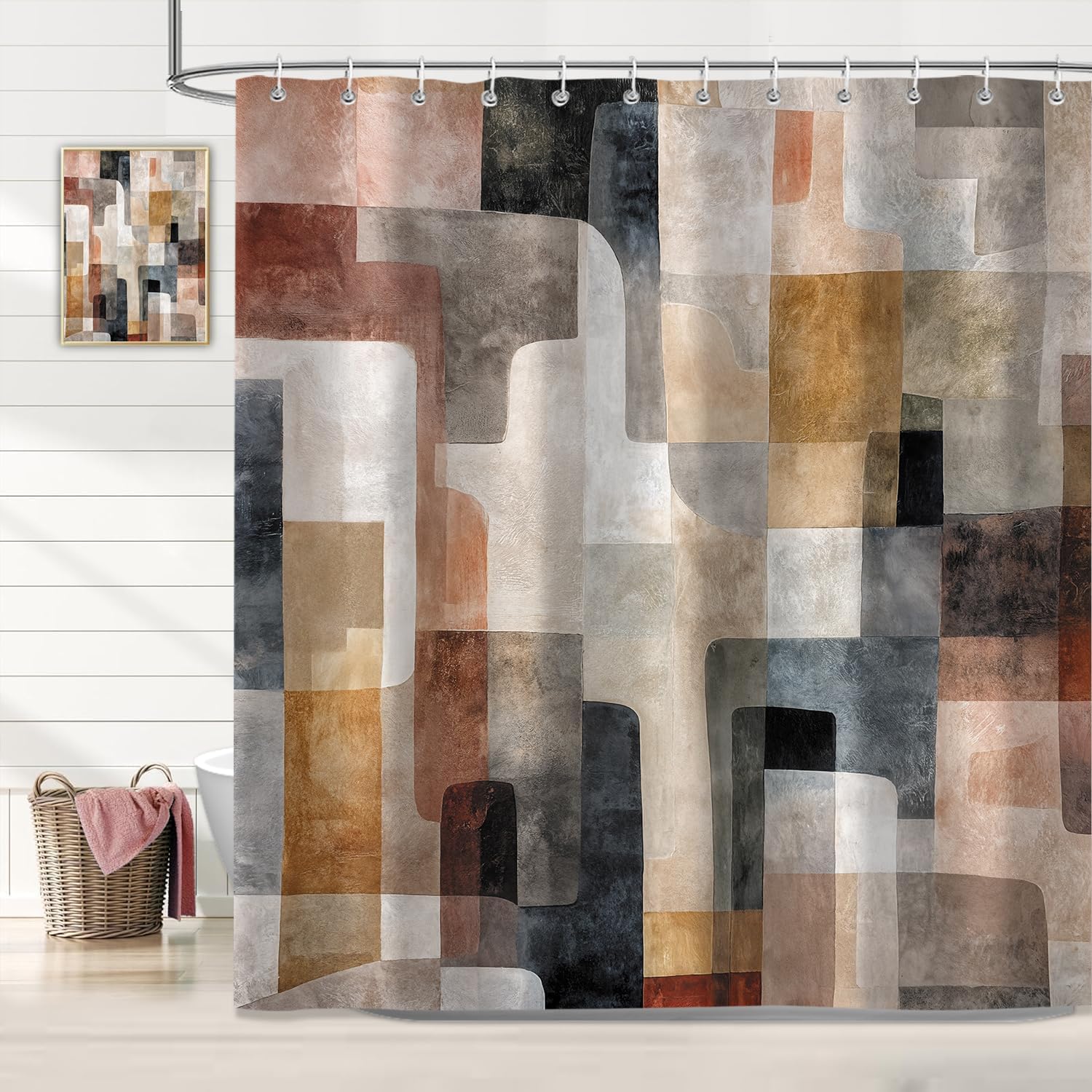 Moonslim Boho Abstract Beige Brown Grey Shower Curtains, Midcentury Art Geometric Pattern Modern Shower Curtain for Bathroom Curtain Decor, Washable Fabric Cloth Waterproof with 12 Hooks, 72x84 Inch