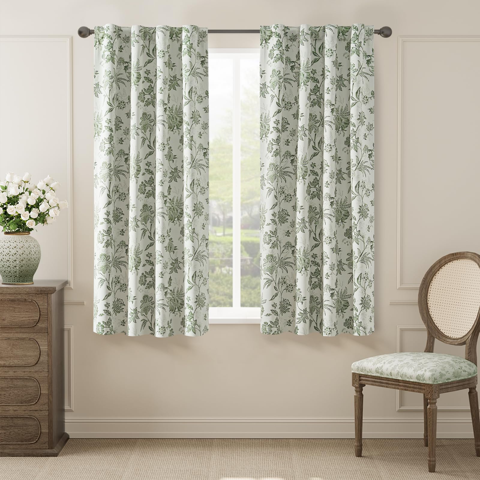 jinchan Blackout Floral Curtains for Bedroom, 63 Inches Long Printed Flower Black Out Cottage Core Curtains, Rod Pocket Back Tab Sage Green Window